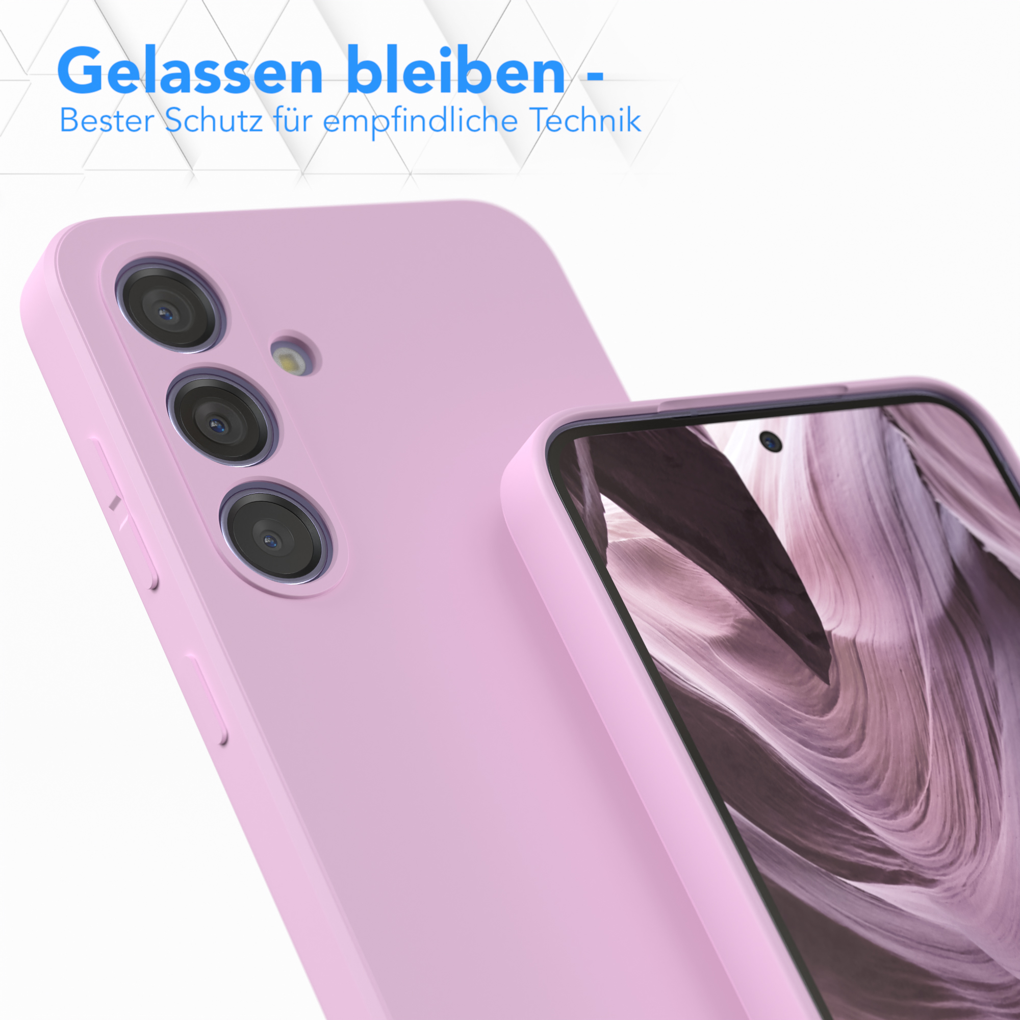 Zwei hellrosa Handyhüllen, eine vor der anderen. Die Rückseite der Telefone ist sichtbar.