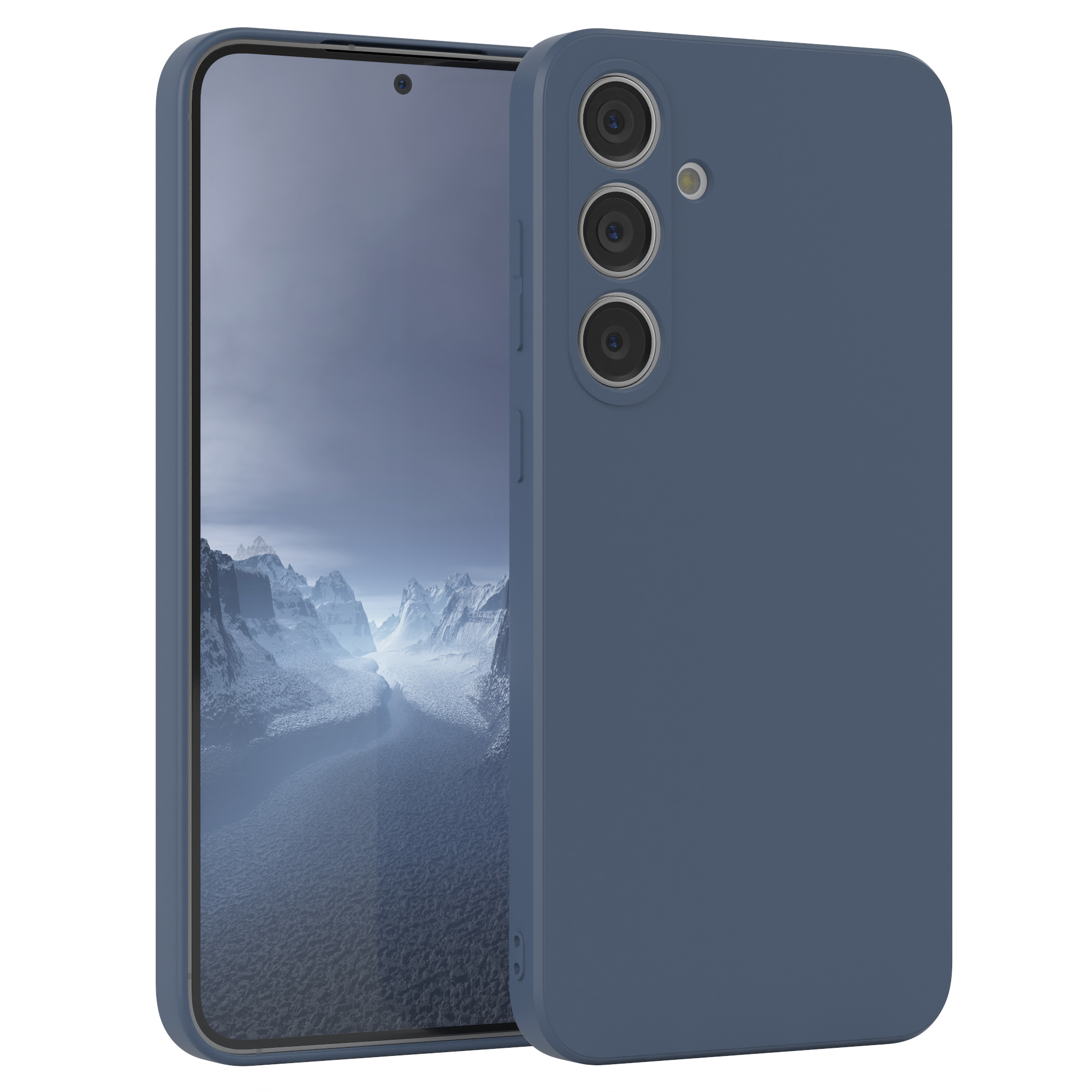 Blaues Telefon mit passender blauer Hülle, Rückseite und Kamera sichtbar.