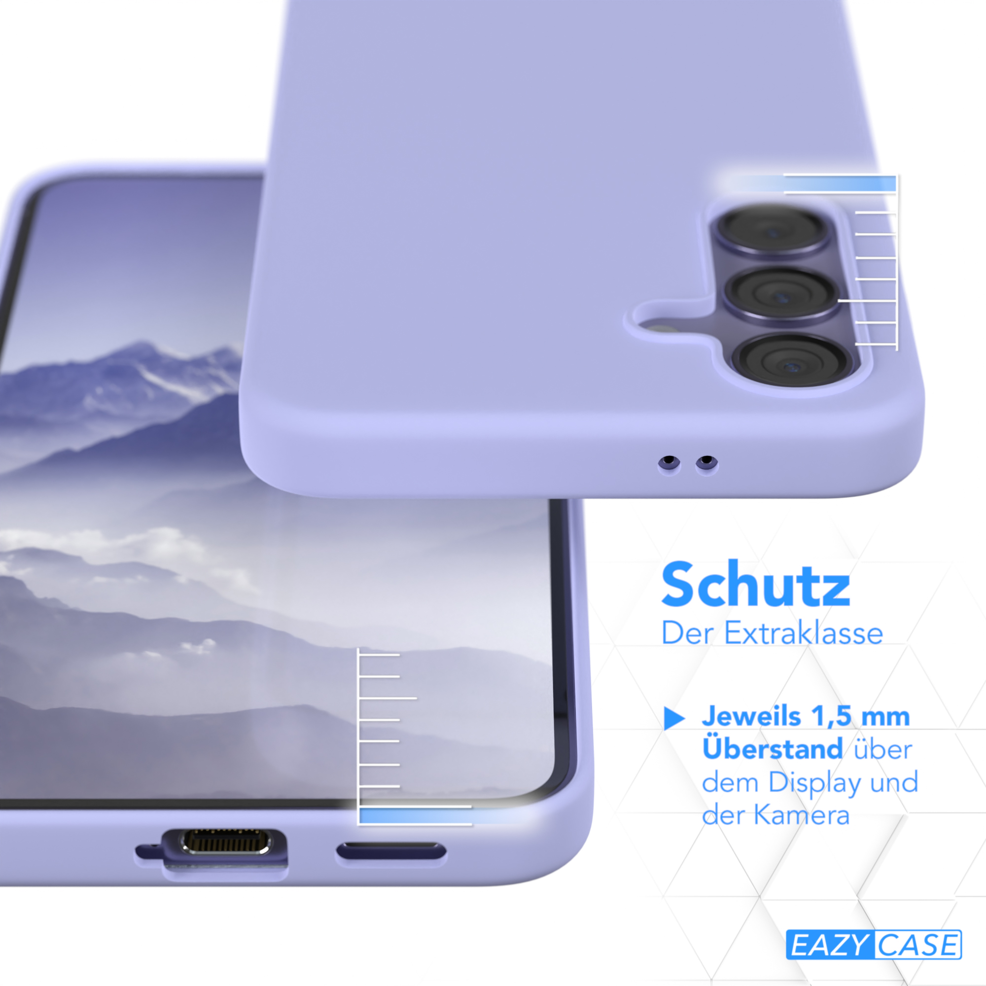 Lila Handyhülle mit Telefon. Text sagt 'Schutz'. Zusätzliche Schutzdetails.