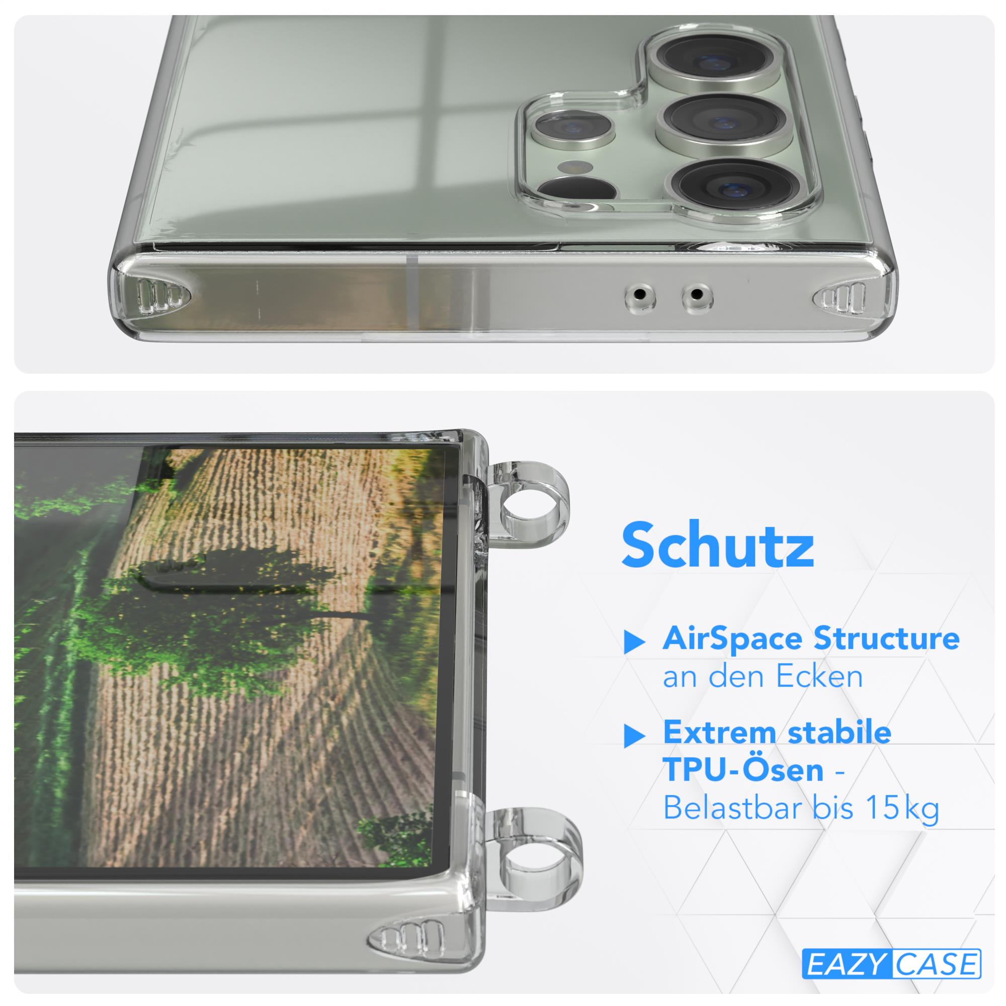 Eine Handyhülle mit Schutzrahmen wird gezeigt. Eine Nahaufnahme der Hülle zeigt die Kanten des Telefons. Es hat AirSpace-Struktur.