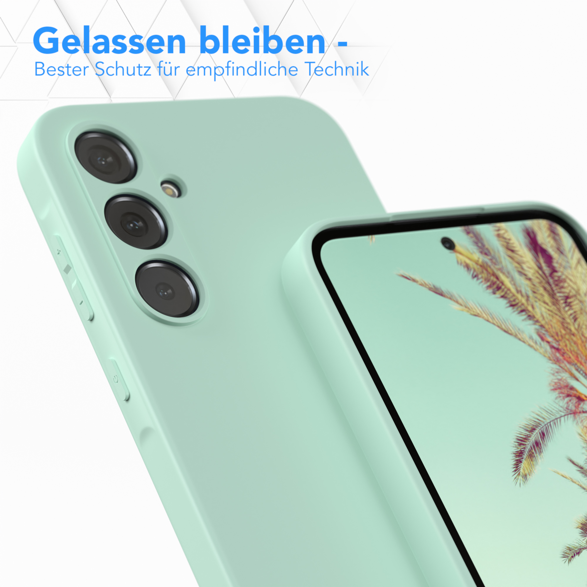 Eine mintgrüne Handyhülle mit einem Telefon, mit einer Palme auf dem Bildschirm, auf hellgrünem Hintergrund.