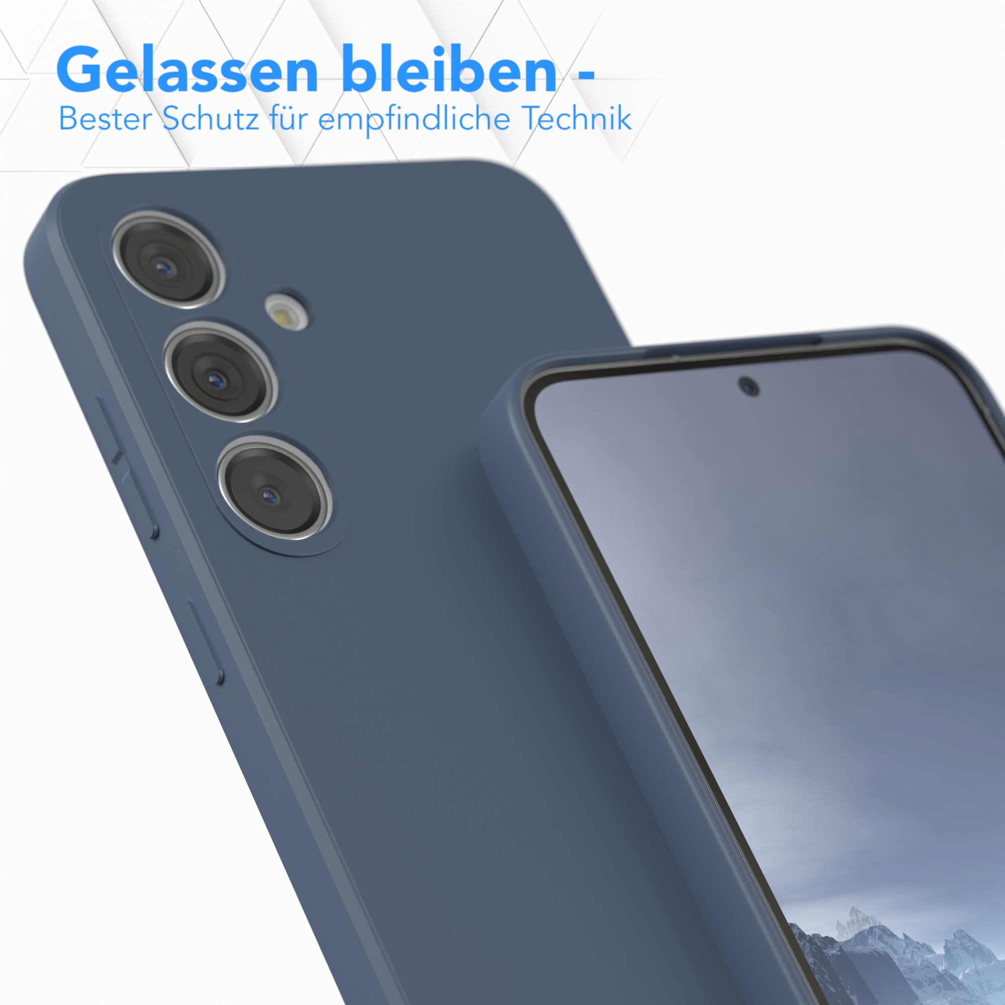 Blaues Telefon und Hülle. Das Telefon hat drei Kameras. Der Text oben lautet: „Gelassen bleiben – Bester Schutz für empfindliche Technik“.