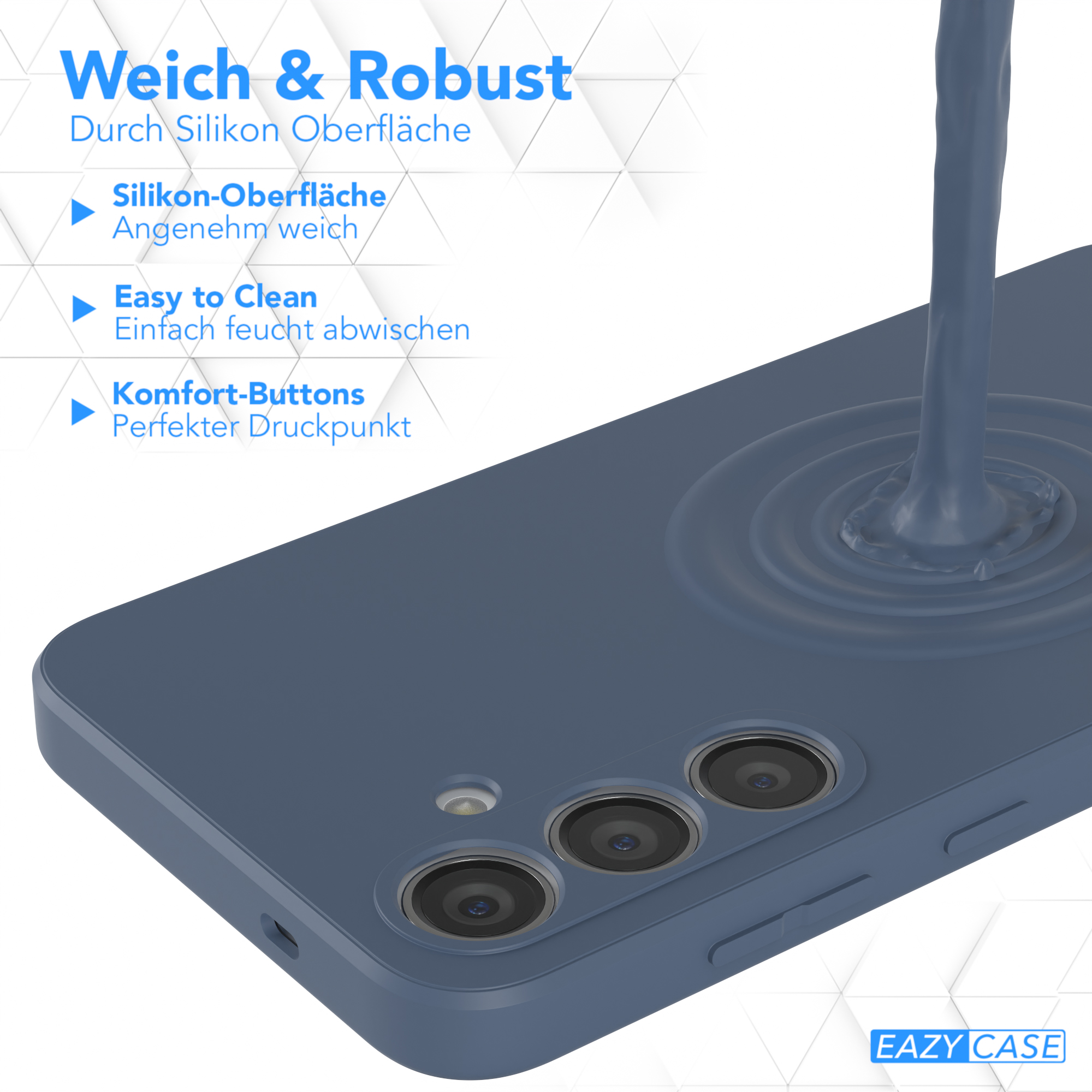 Handyhülle mit blauem Hintergrund und Flüssigkeit, die auf das Telefon gegossen wird.