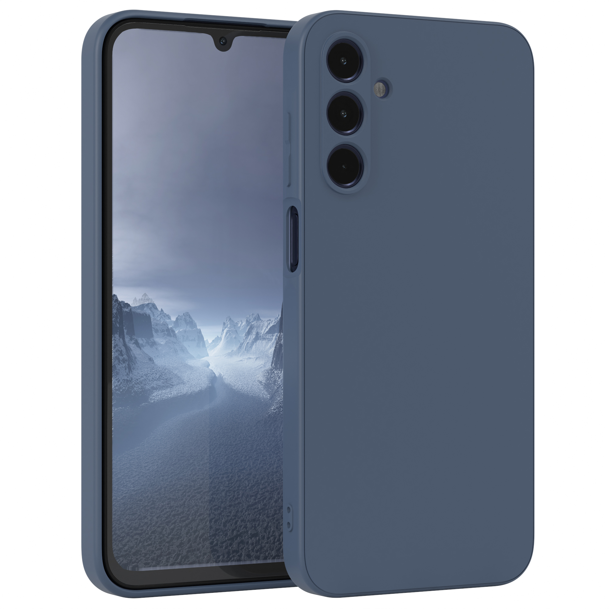 Blaues Telefon in einer Hülle, das den Bildschirm zeigt. Die Hülle hat eine matte Oberfläche.