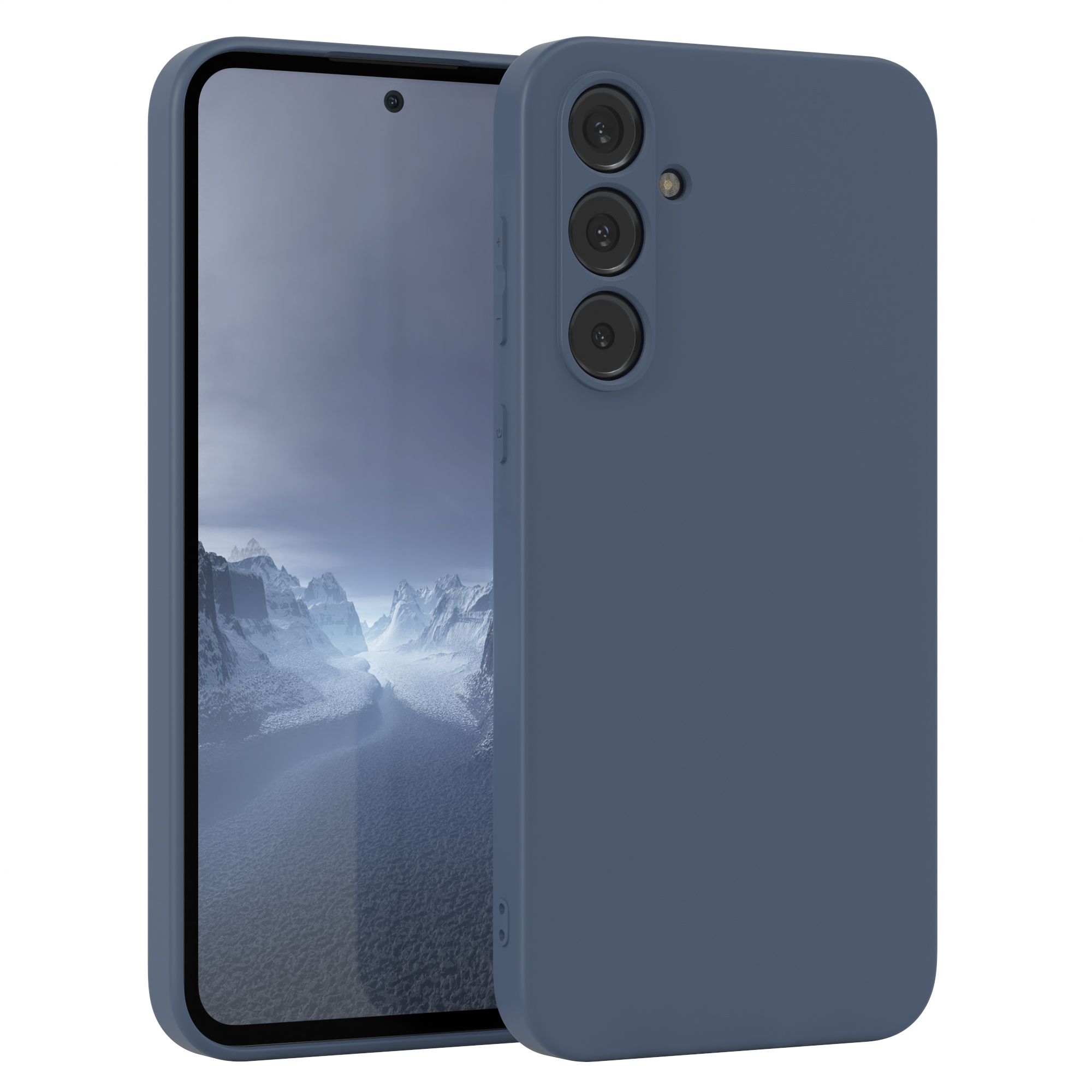 Blaue Handyhülle mit Handy. Das Handy hat mehrere Kameras.