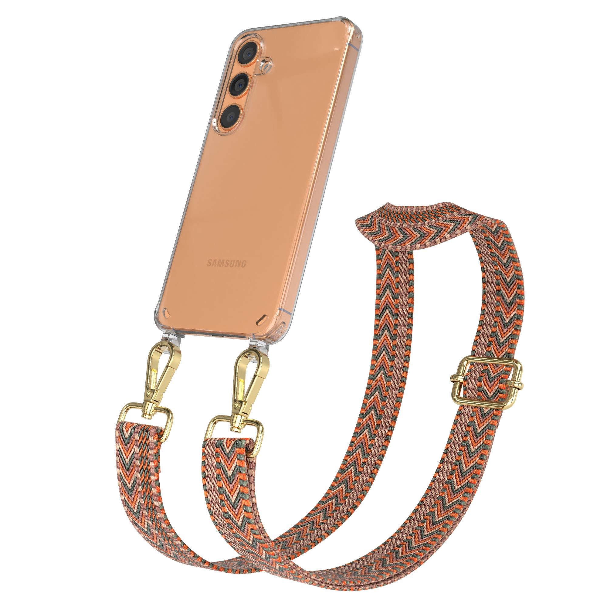 Handyhülle mit Riemen. Das Telefon ist orange. Der Riemen ist braun und orange. Weißer Hintergrund.