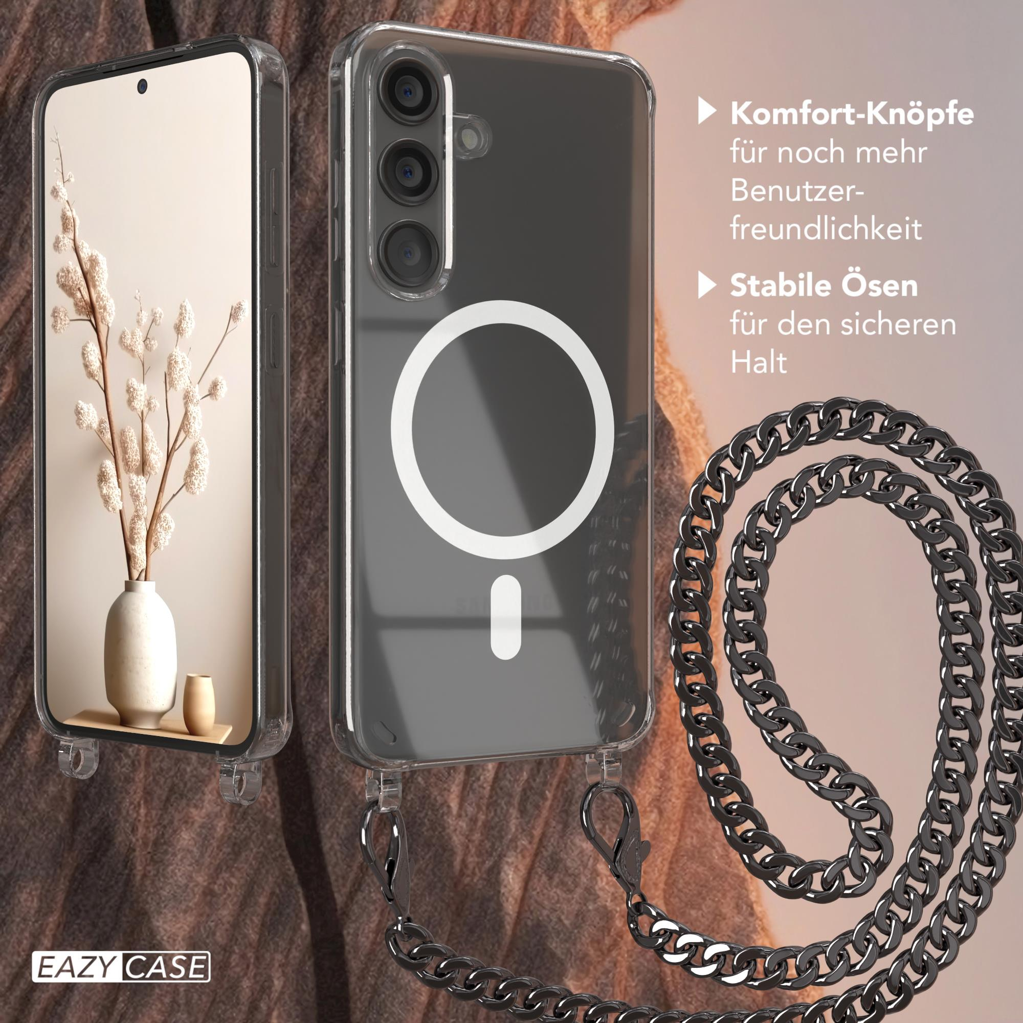 Telefon mit Hülle und Kette neben Vase mit Blume, Text: Komfort-Knöpfe und Stabile Ösen.