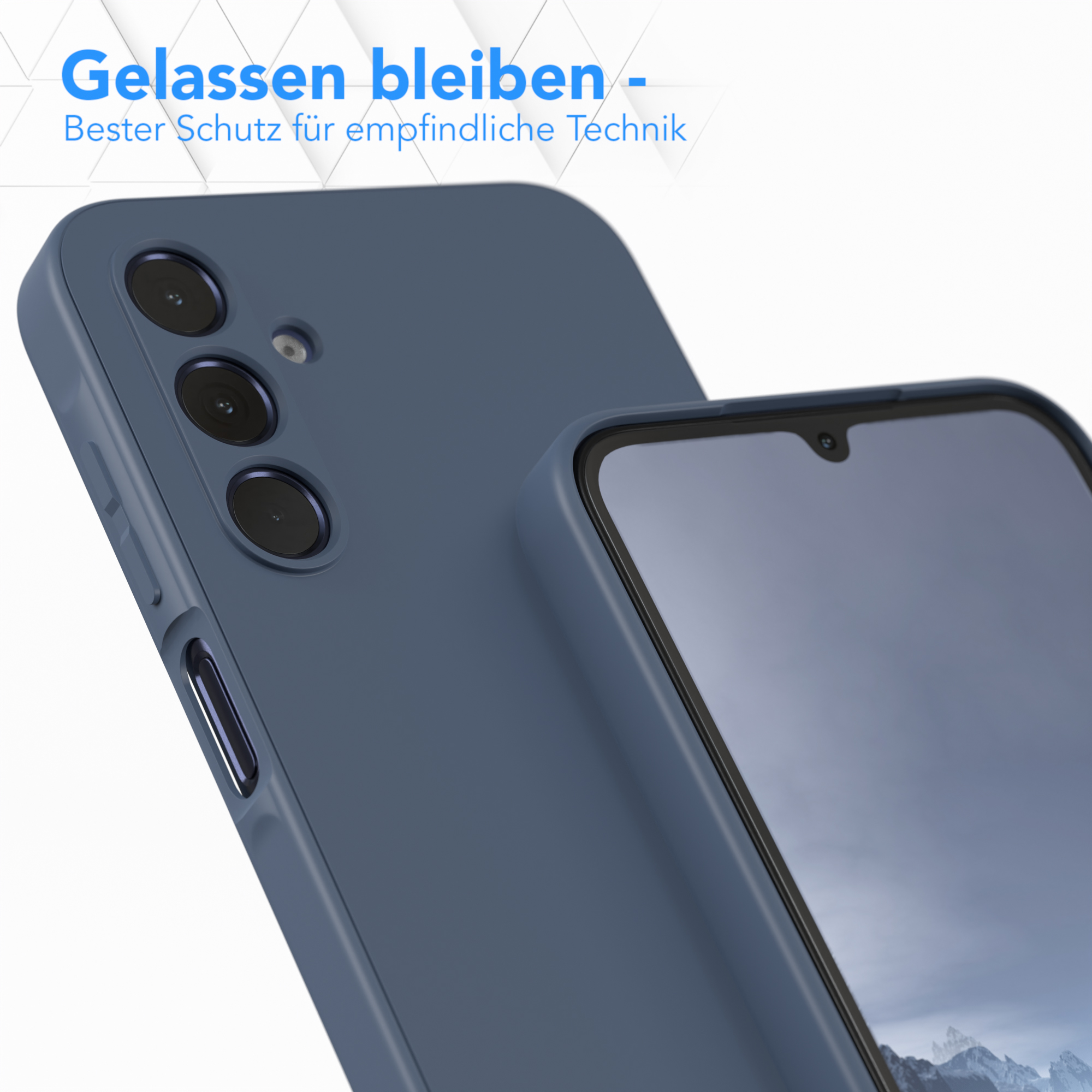 Dunkelblaue Handyhülle, Rückansicht. Dunkelblaues Telefon. Weißer Hintergrund.