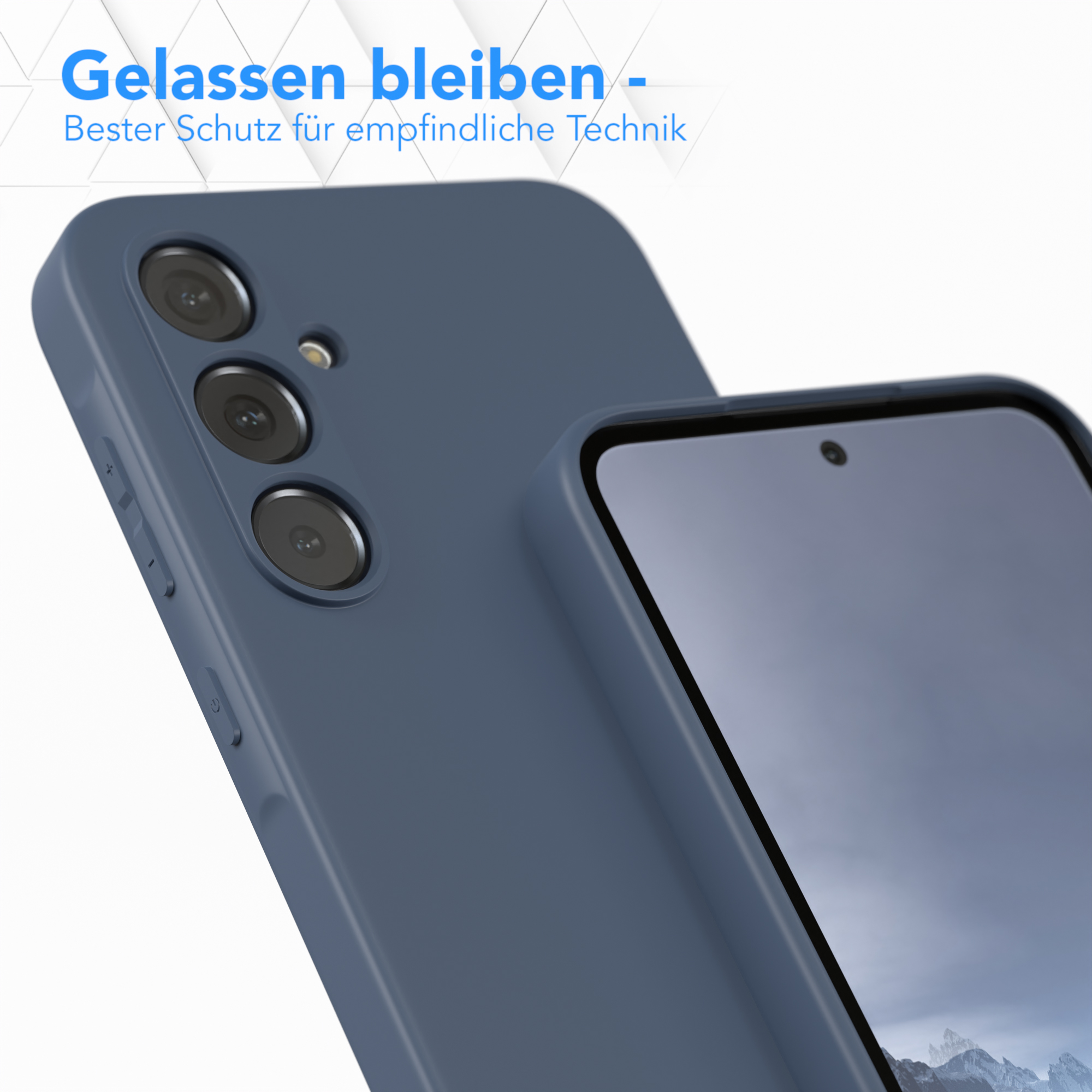 Nahaufnahme einer blauen Handyhülle mit Kamerabuckel. Der Bildschirm ist sichtbar.