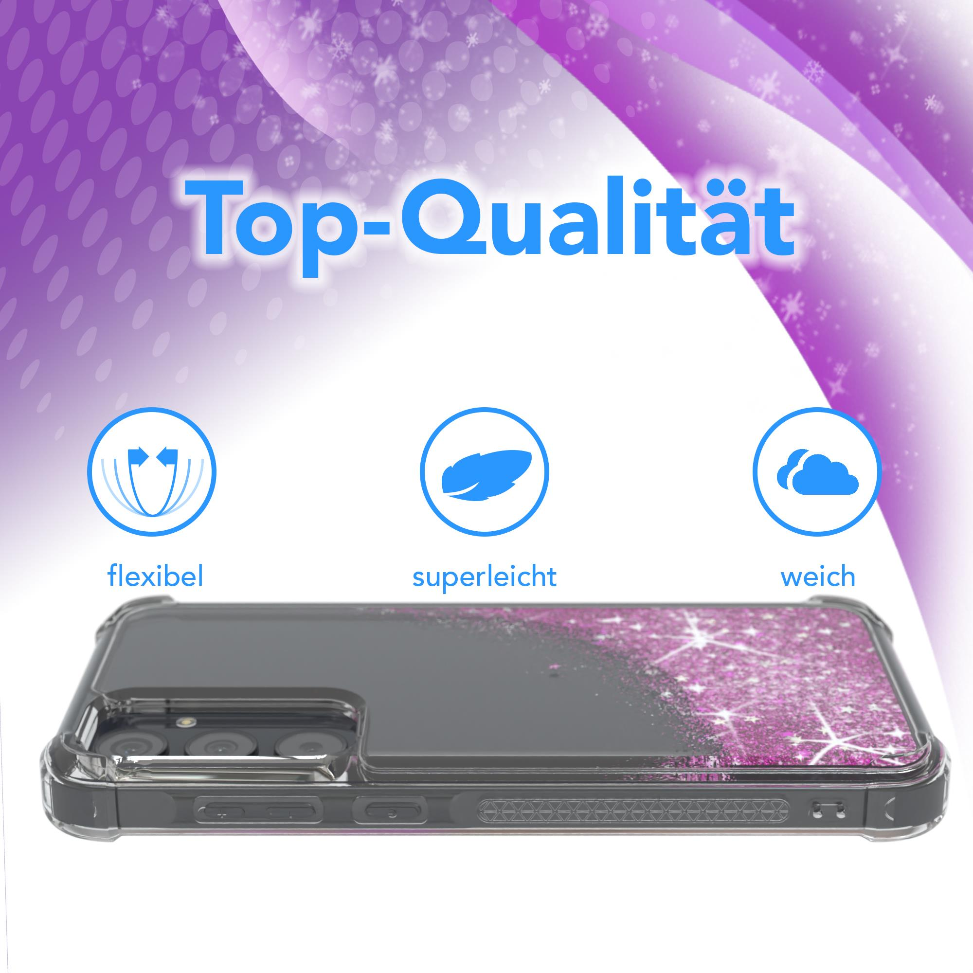 Handyhülle: schwarz, transparent, pinker Glitzer. Text: Top-Qualität, flexibel, superleicht, weich.