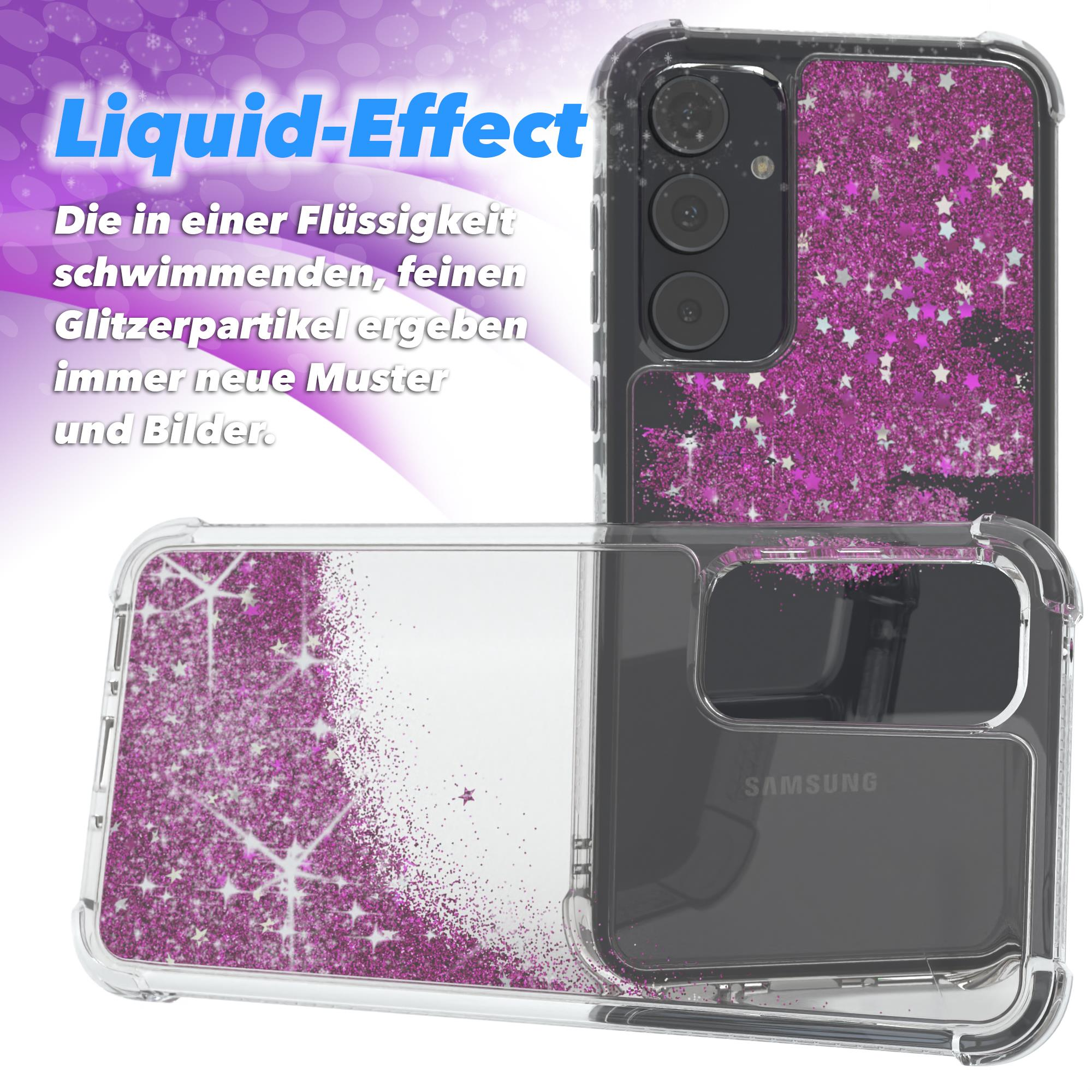 Transparente Handyhülle mit rosa Glitzer. Glitzer schwebt in einer flüssigkeitsartigen Substanz. Schwarzes Telefon innen.