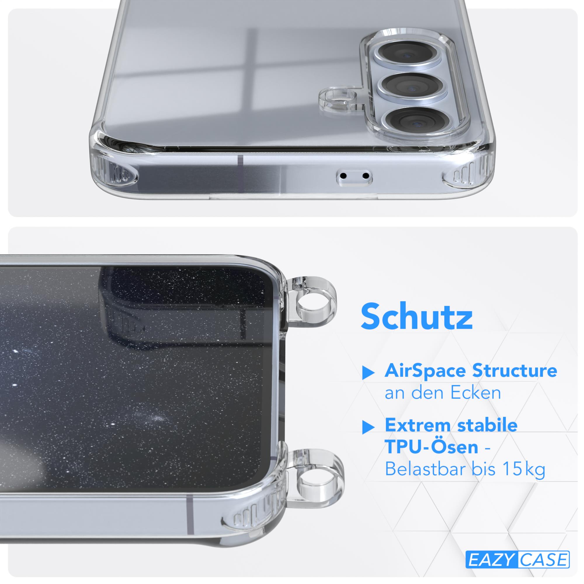 Handyhülle mit klarer Rückseite und Metallringen. Text: Schutz. AirSpace Structure. Eazy Case Logo.