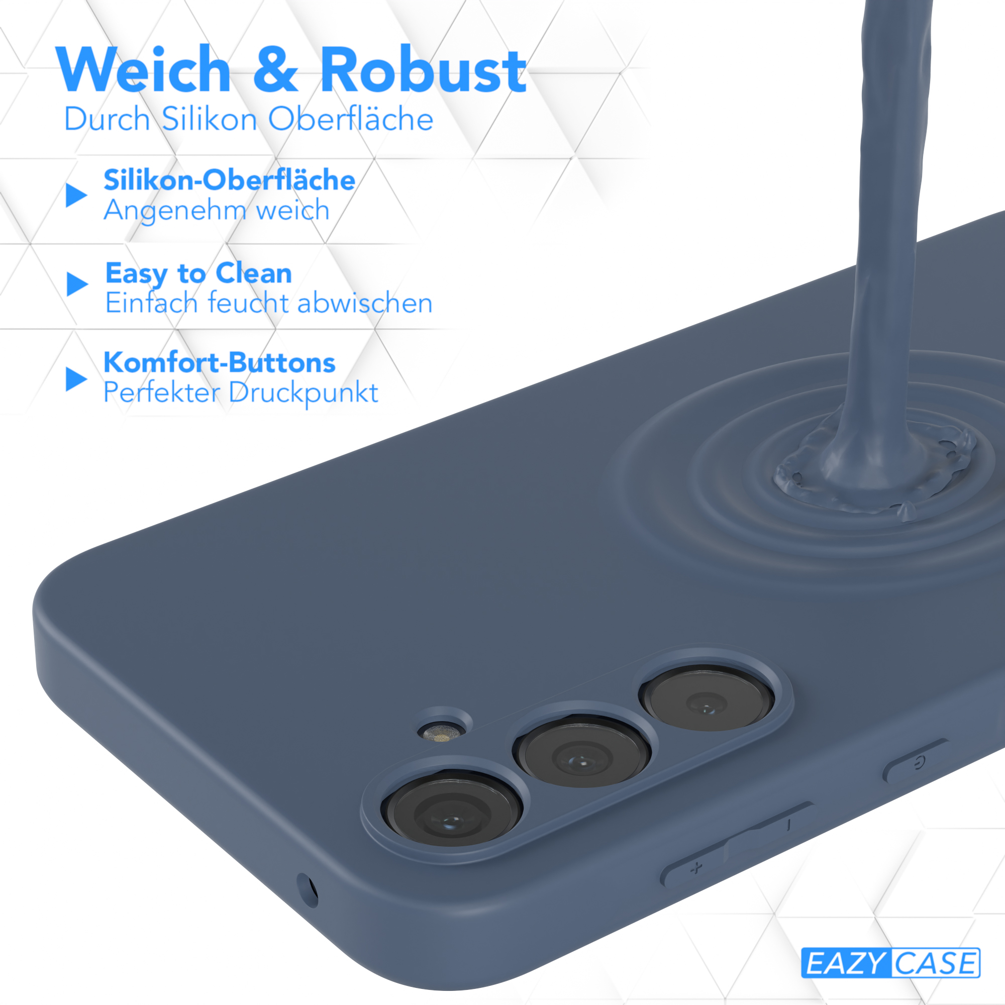 Blaue Telefonhülle mit flüssigkeitsähnlichem Spritzer. Text erwähnt Silikonoberfläche, leichte Reinigung und Komforttasten.