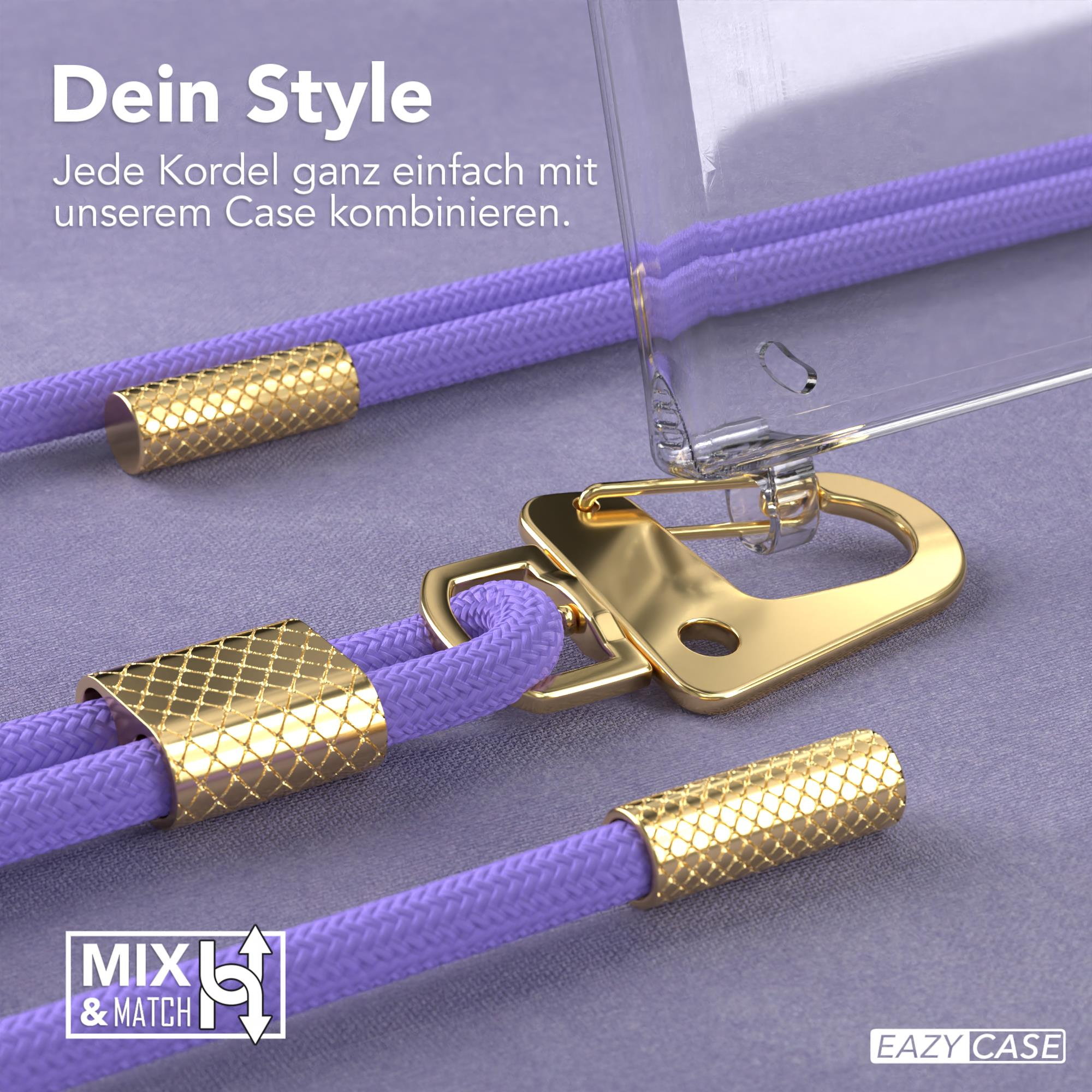 Nahaufnahme eines lilafarbenen Telefonriemens mit goldenen Details und einer Handyhülle.