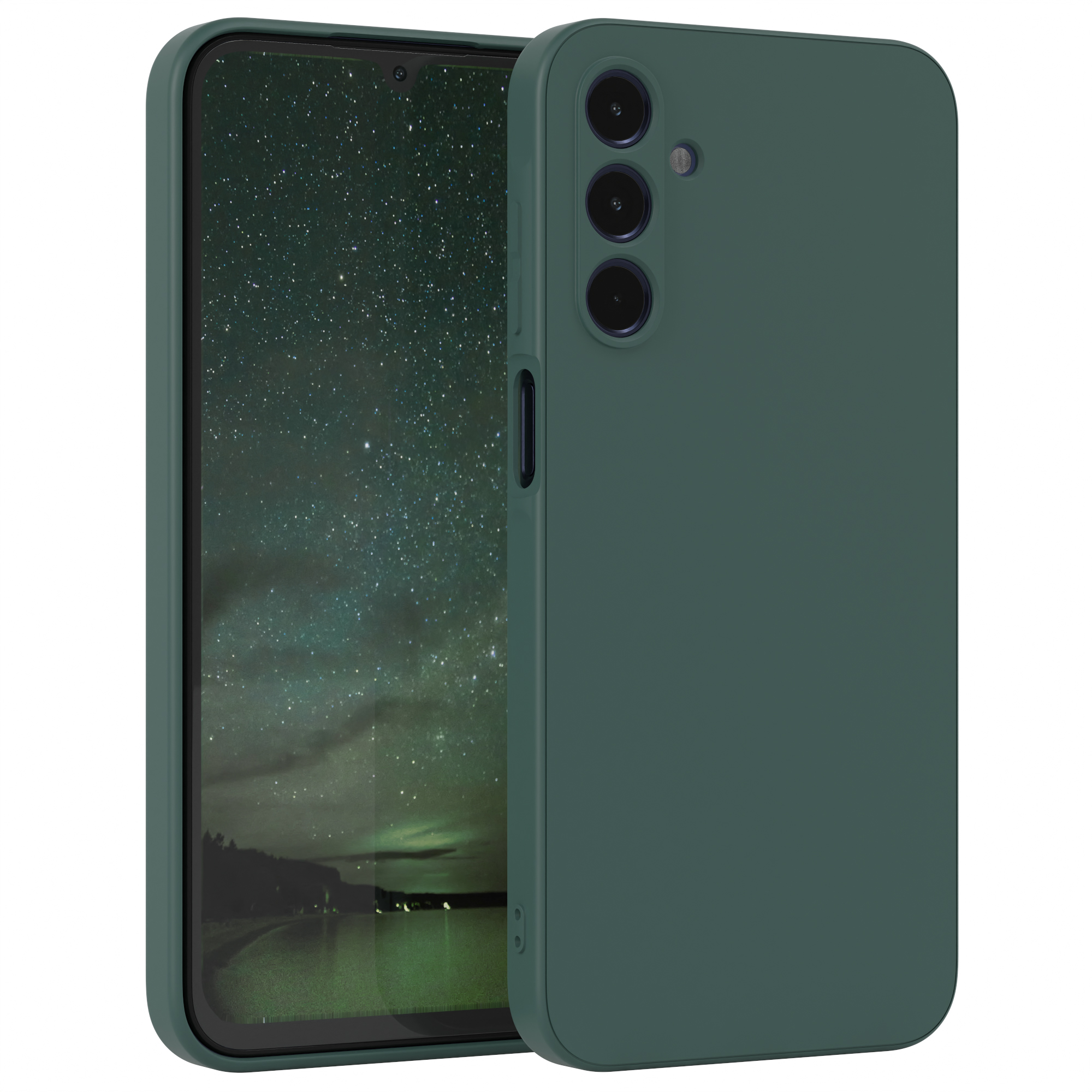 Dunkelgrüne Handyhülle mit Telefon, das einen Sternenhimmel zeigt.