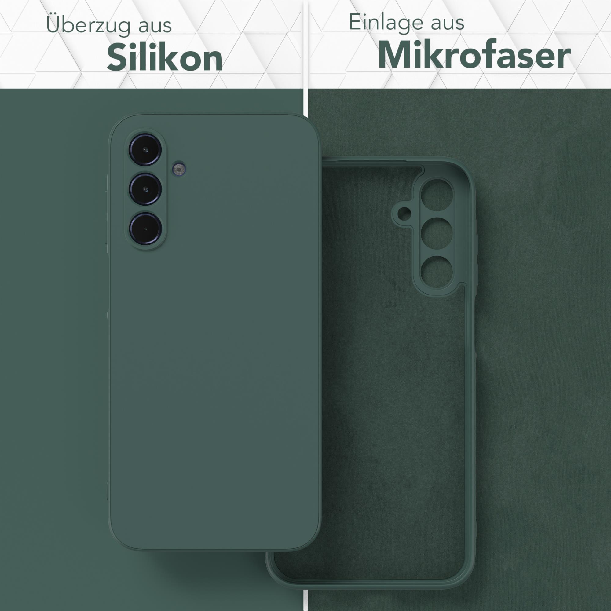 Eine Handyhülle mit weicher grüner Hülle und Mikrofaser-Innenseite. Eine ist offen.