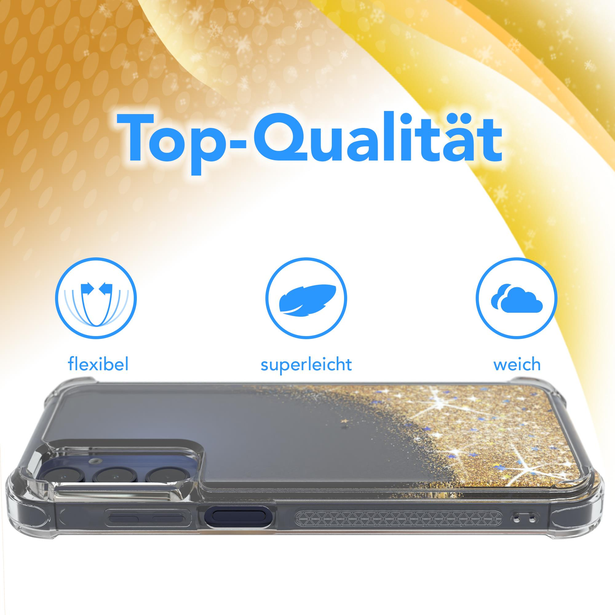 Eine transparente Handyhülle mit Glitzer und drei Symbolen: flexibel, superleicht und weich.