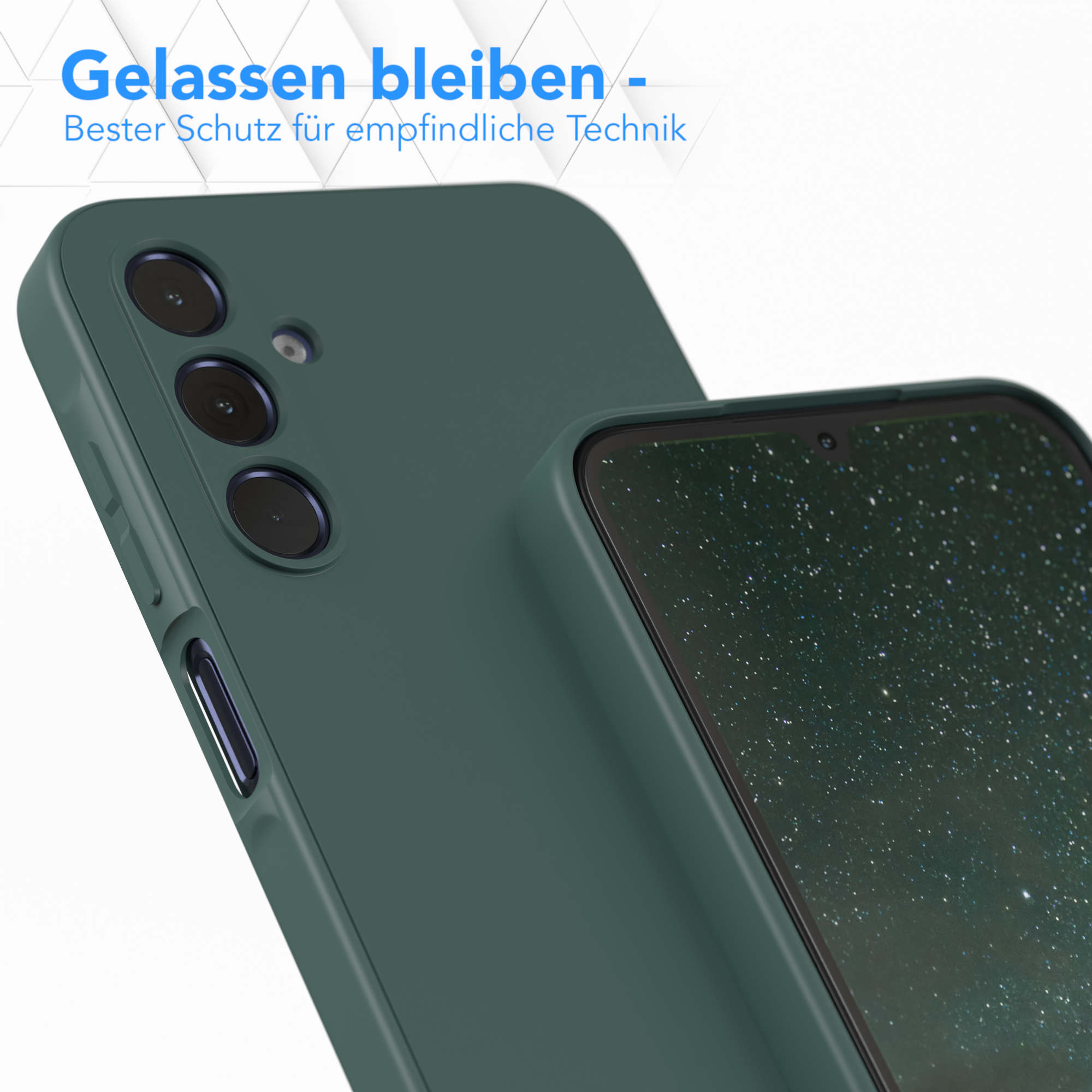 Grüne Handyhülle mit Kameraausschnitten, und ein teilweise darin befindliches Handy.