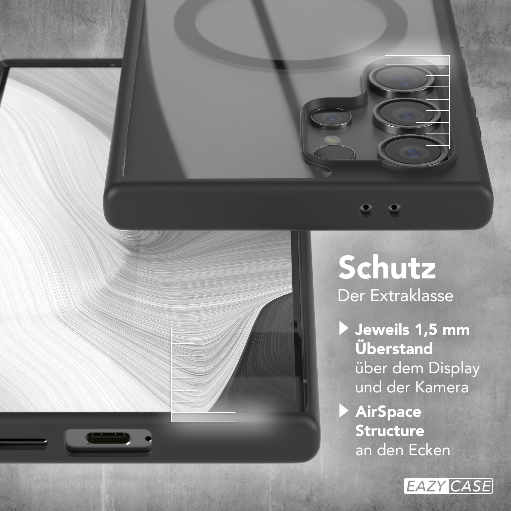 Eine transparente Handyhülle über einem Telefon, das die Kamera und die Rückseite zeigt.