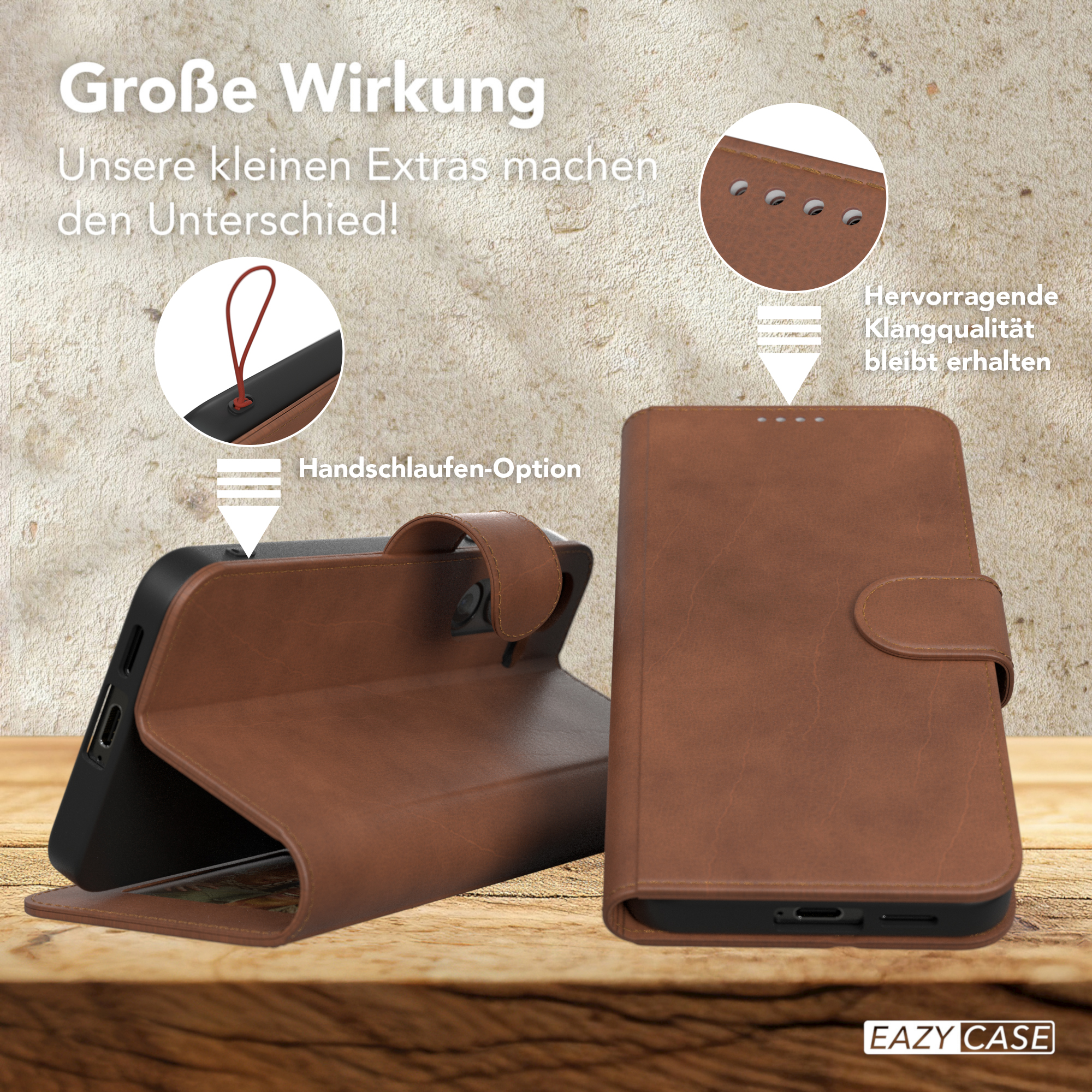 Braune Handyhülle mit Text und Funktionen. Zeigt die Handschlaufenoption und Details zur Klangqualität.