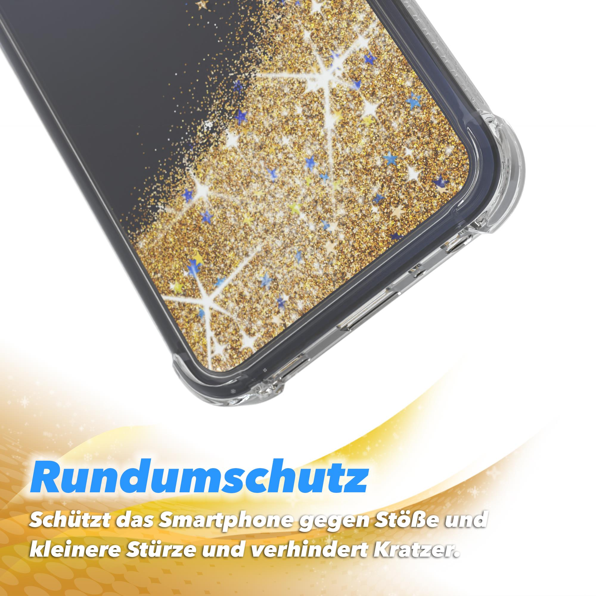 Handyhülle mit Glitzer. Sie hat einen schwarzen Hintergrund und einen klaren Rand.