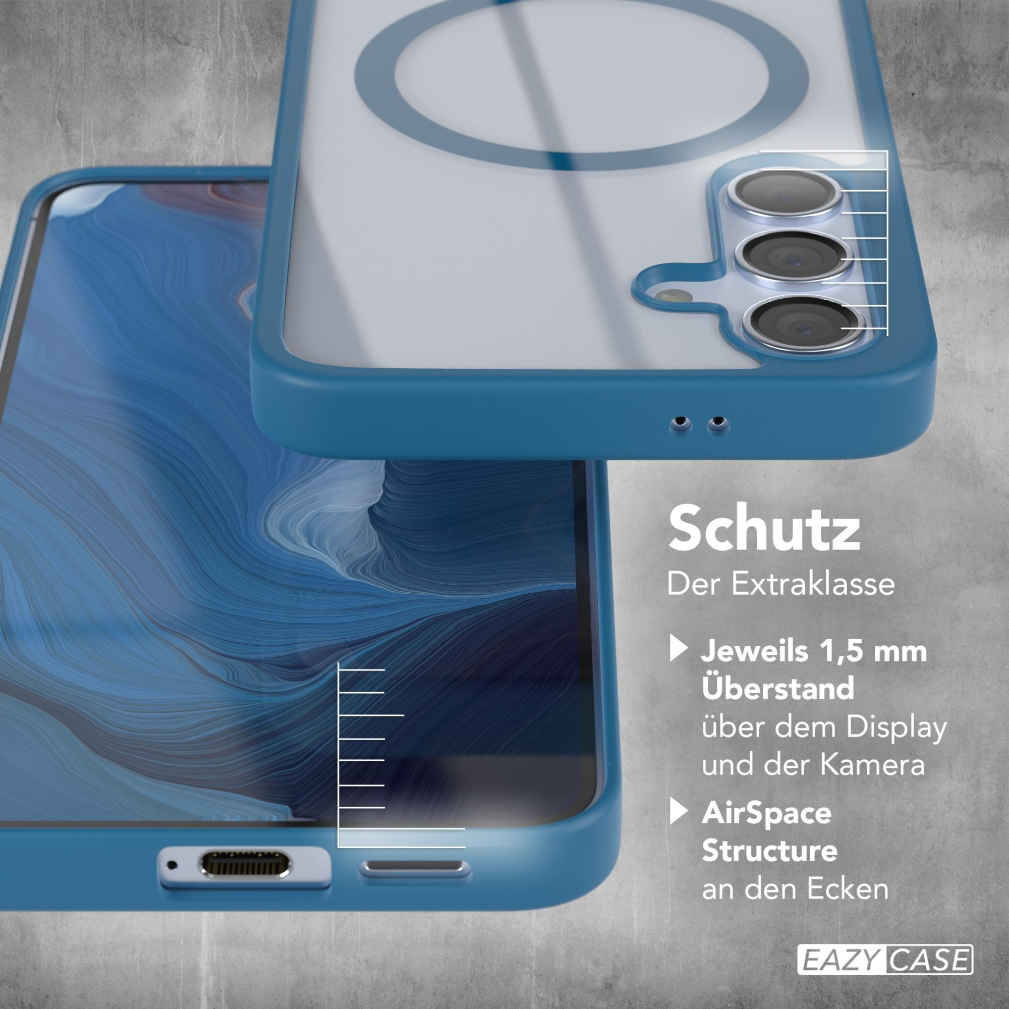 Blaue Handyhülle mit Telefon darin. Das Telefon ist von einem weißen Rahmen umgeben.