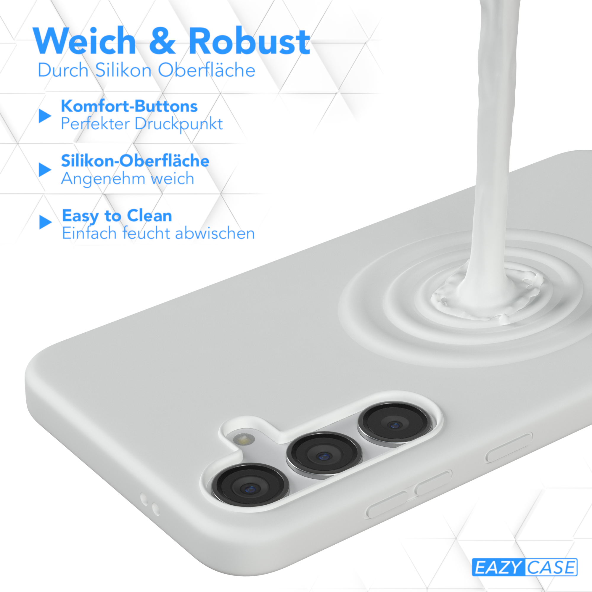 Weißes Handycase mit Wasser, das darüber gegossen wird. Der Text oben lautet „Weich & robust“ und beschreibt Funktionen.