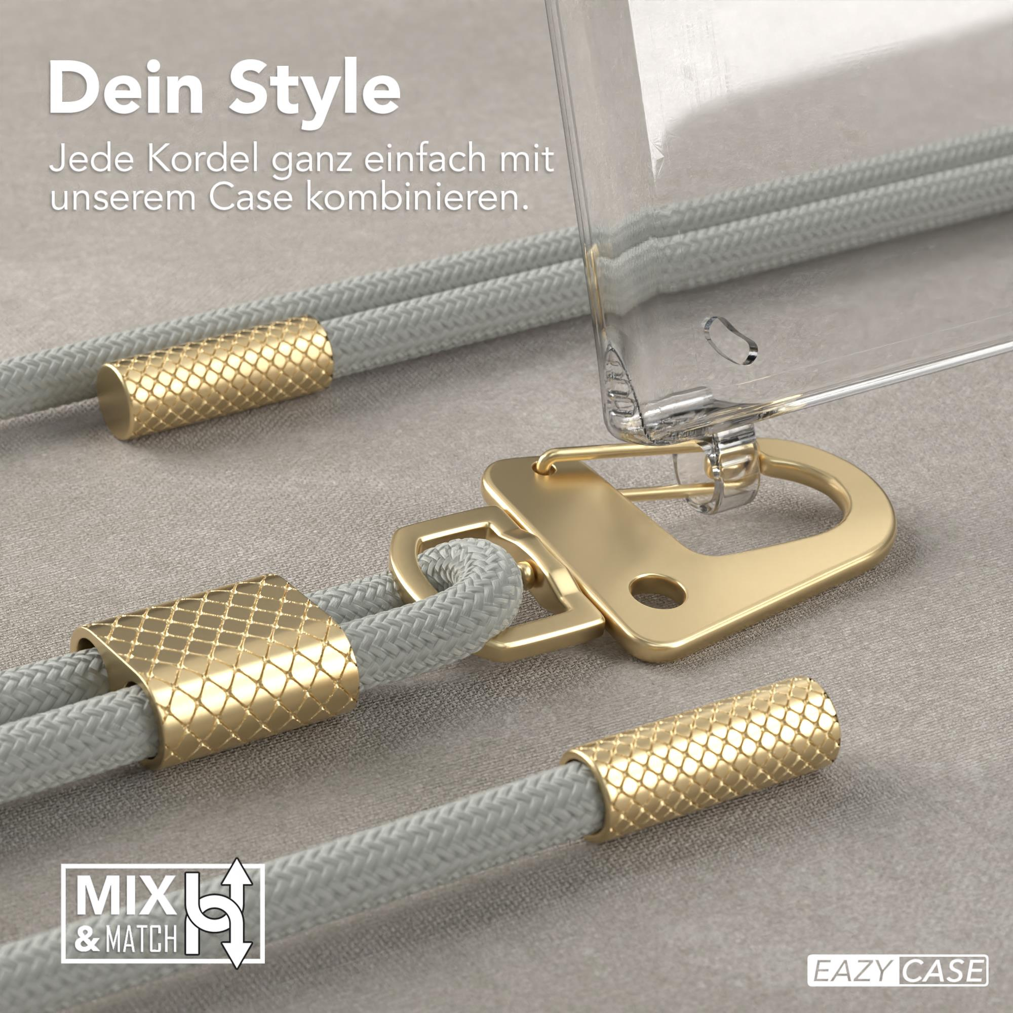 Graue Handykordelhülle mit goldenen Akzenten. Eine transparente Handyhülle ist abgebildet. Text: Mix & Match und Eazy Case Logo.