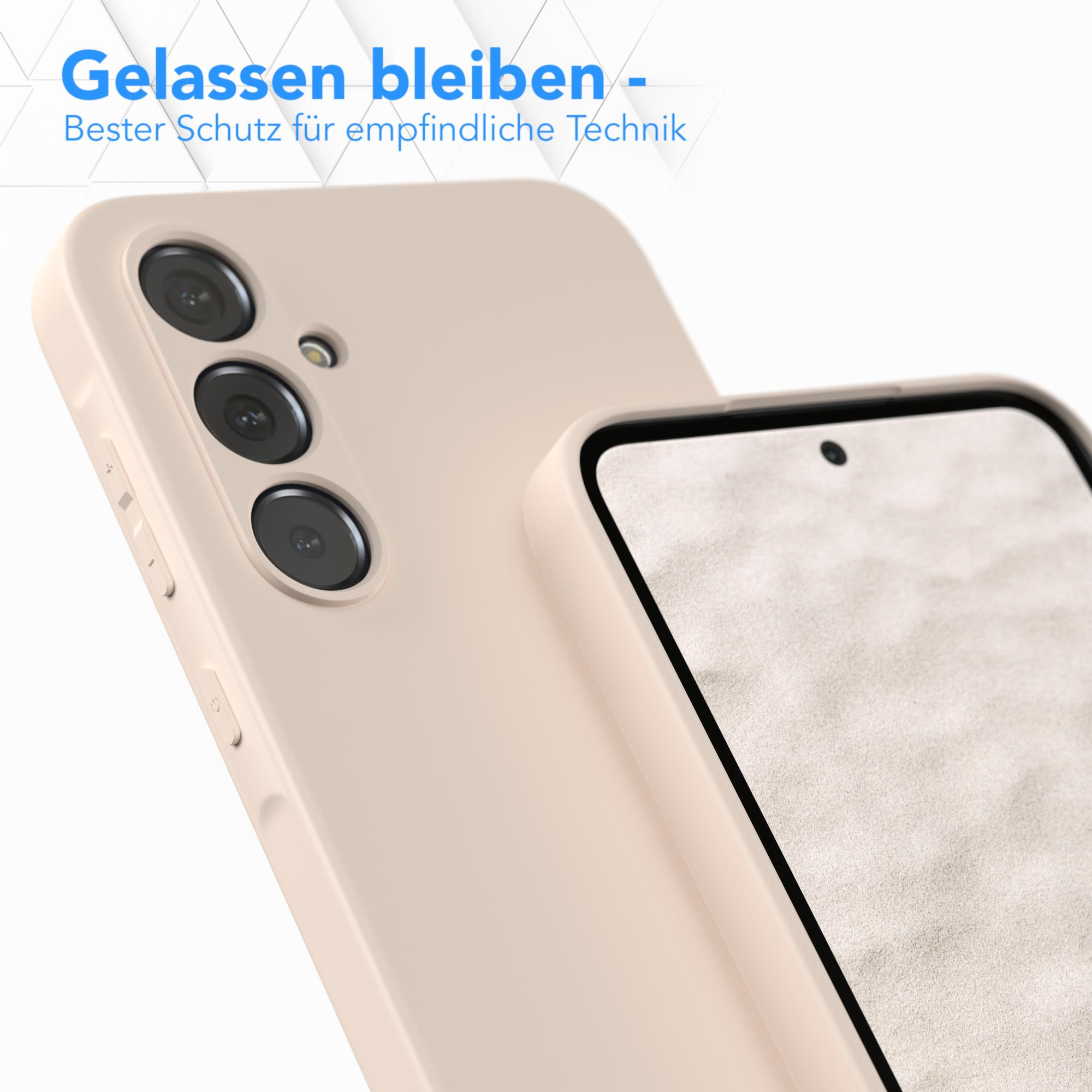 Nahaufnahme einer hellbeigen Handyhülle. Text hebt die Schutzfunktionen hervor.