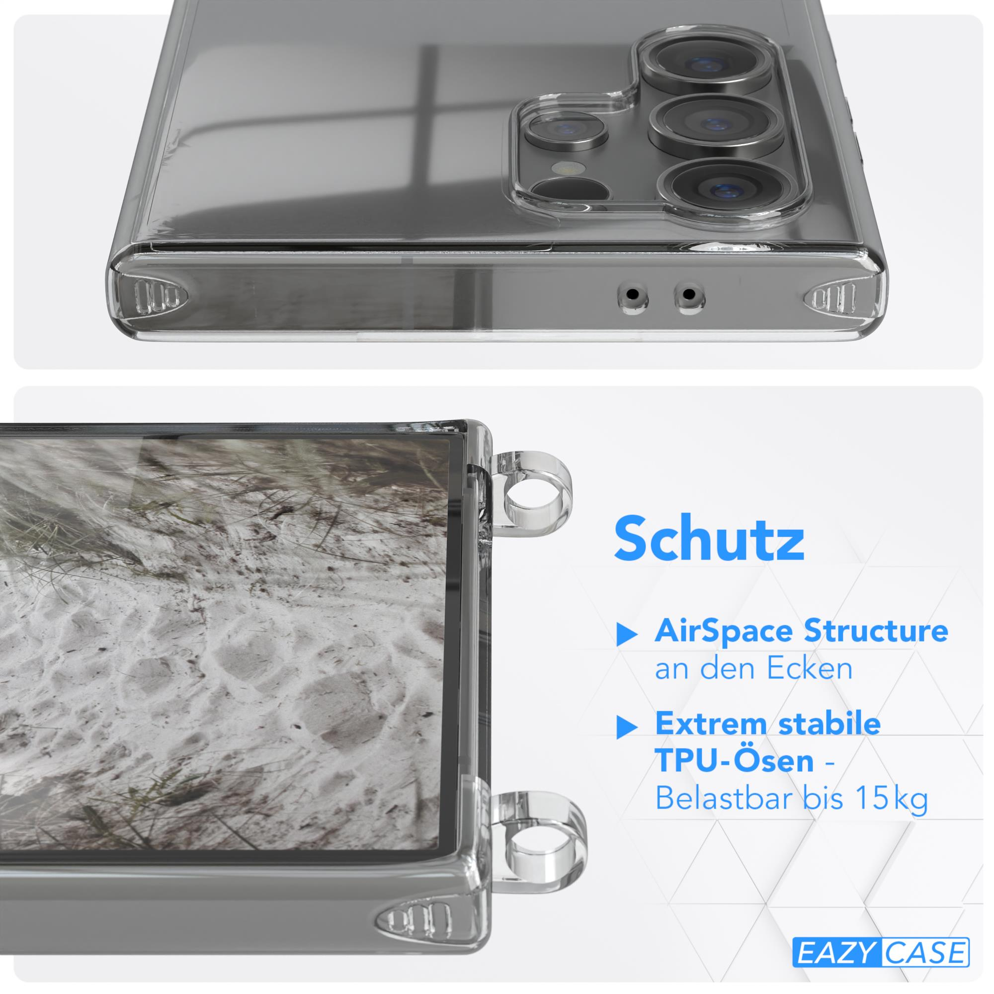 Eine transparente Handyhülle mit einem Telefon darin. Es bietet Schutzdetails und Design.