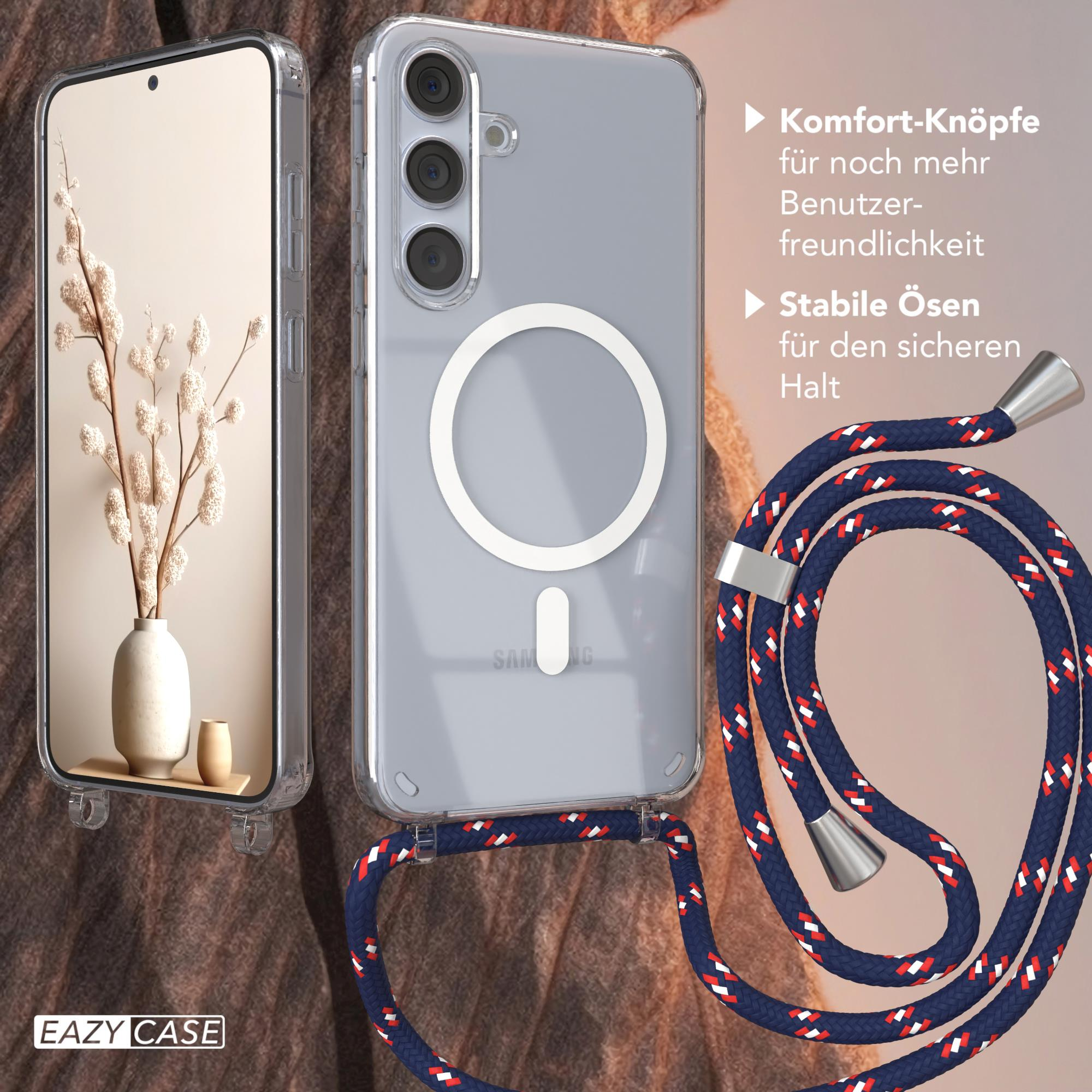 Ein Telefon in einer durchsichtigen Hülle mit Kordel, neben einer Vase mit Blumen.