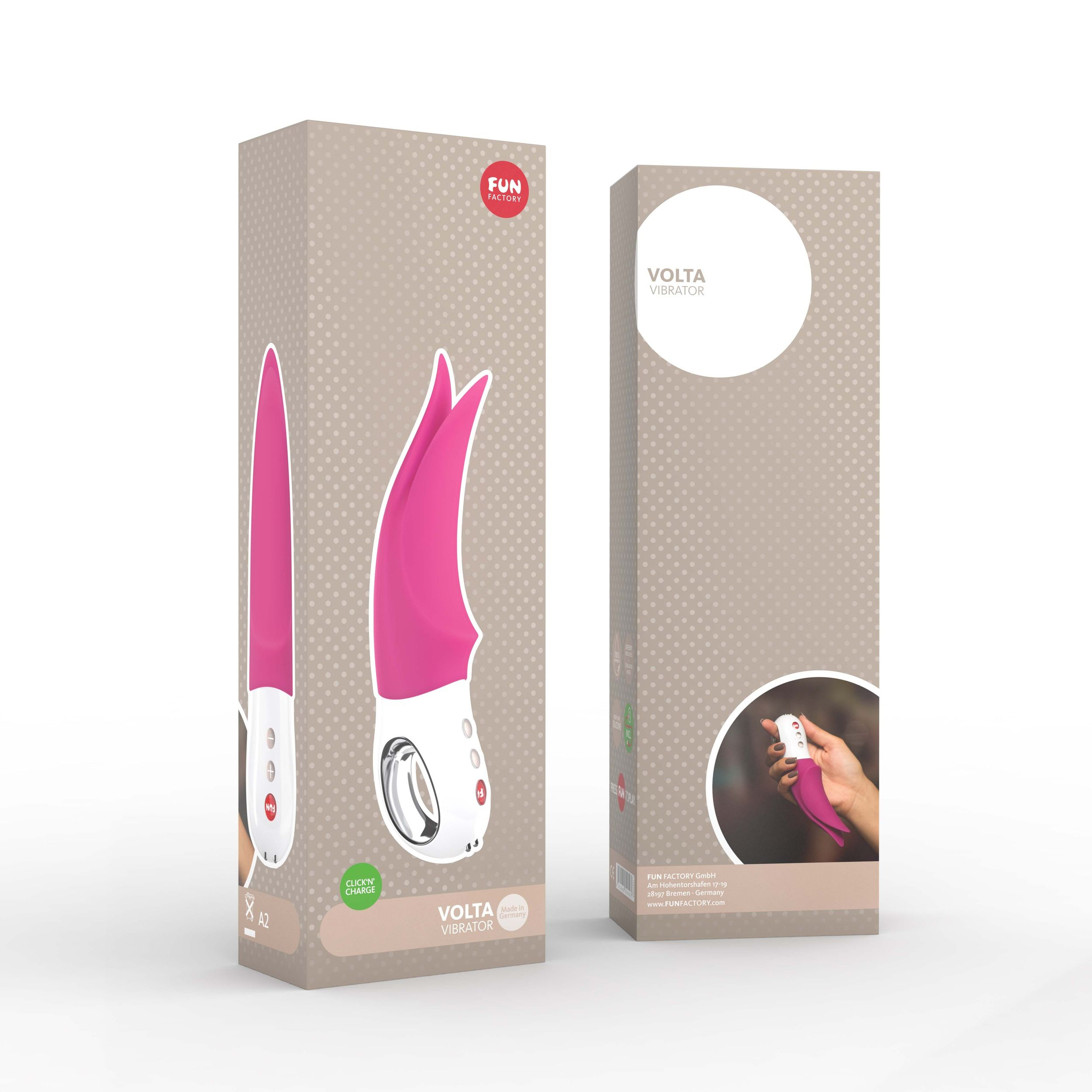 Dos cajas con el nombre del producto 'Volta Vibrator'. Una muestra el producto y la otra el embalaje.