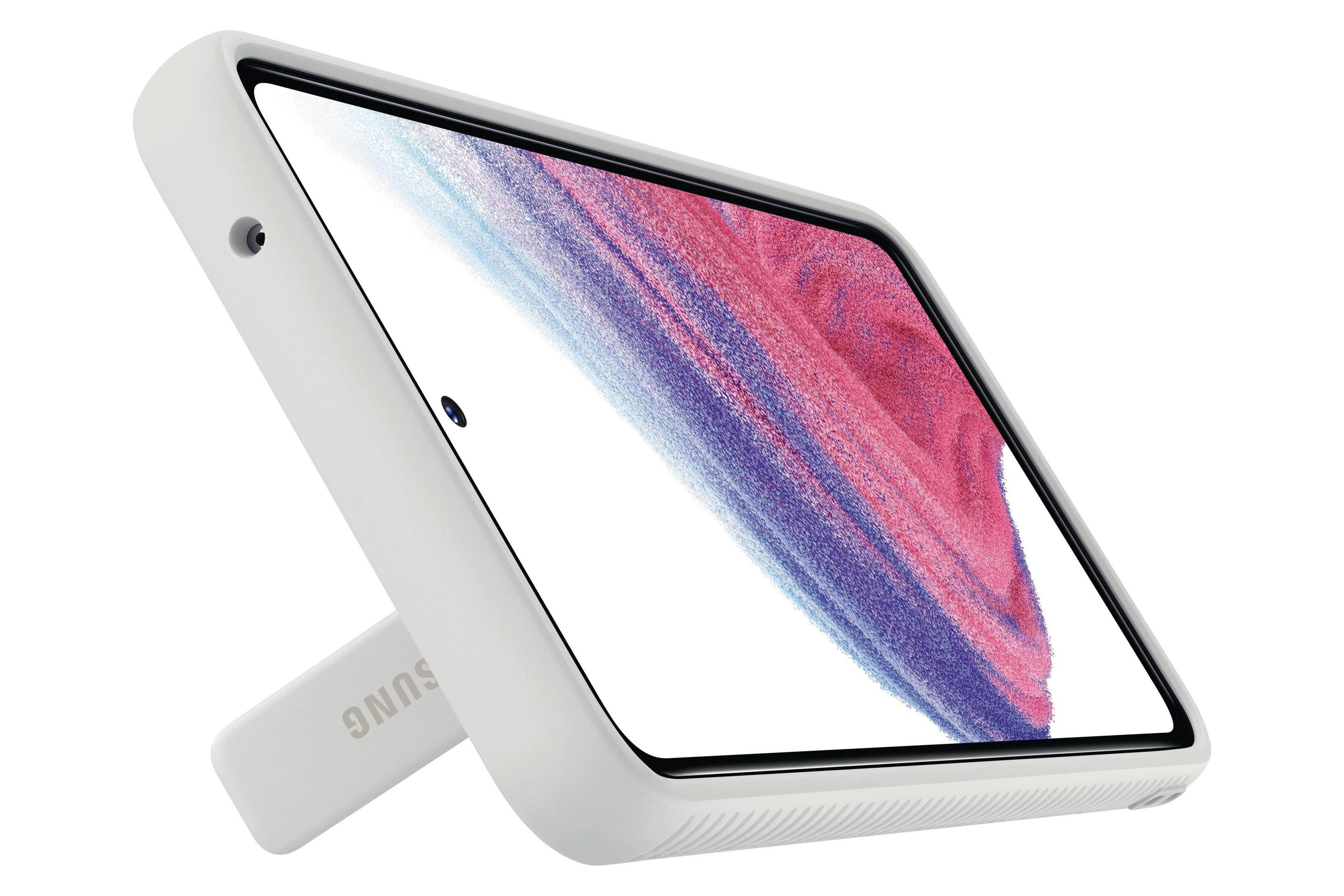 Una funda blanca para teléfono con un soporte, en ángulo para mostrar la pantalla del teléfono. La pantalla del teléfono es blanca.
