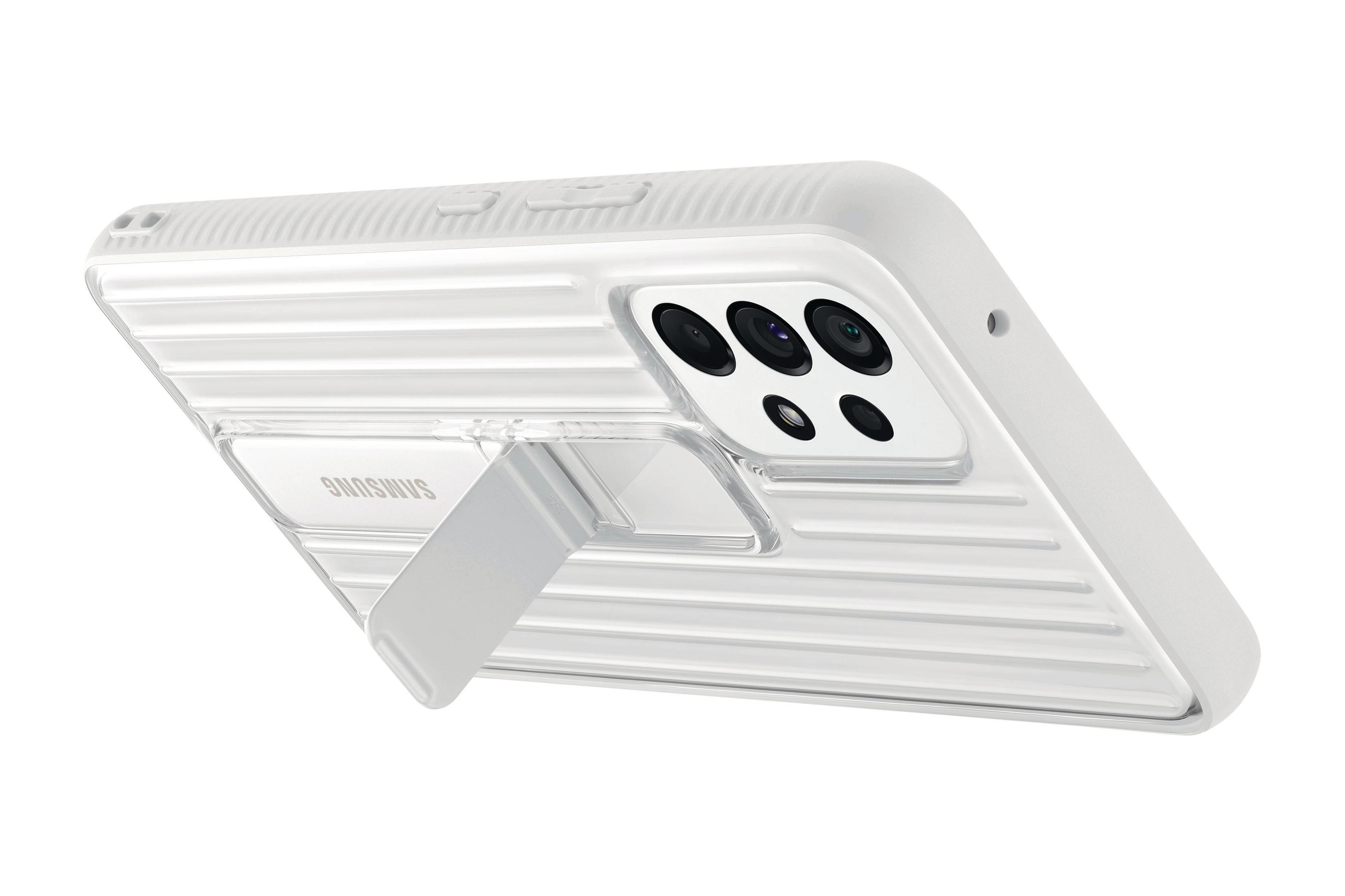 Funda blanca para teléfono con soporte. El teléfono tiene múltiples lentes de cámara.