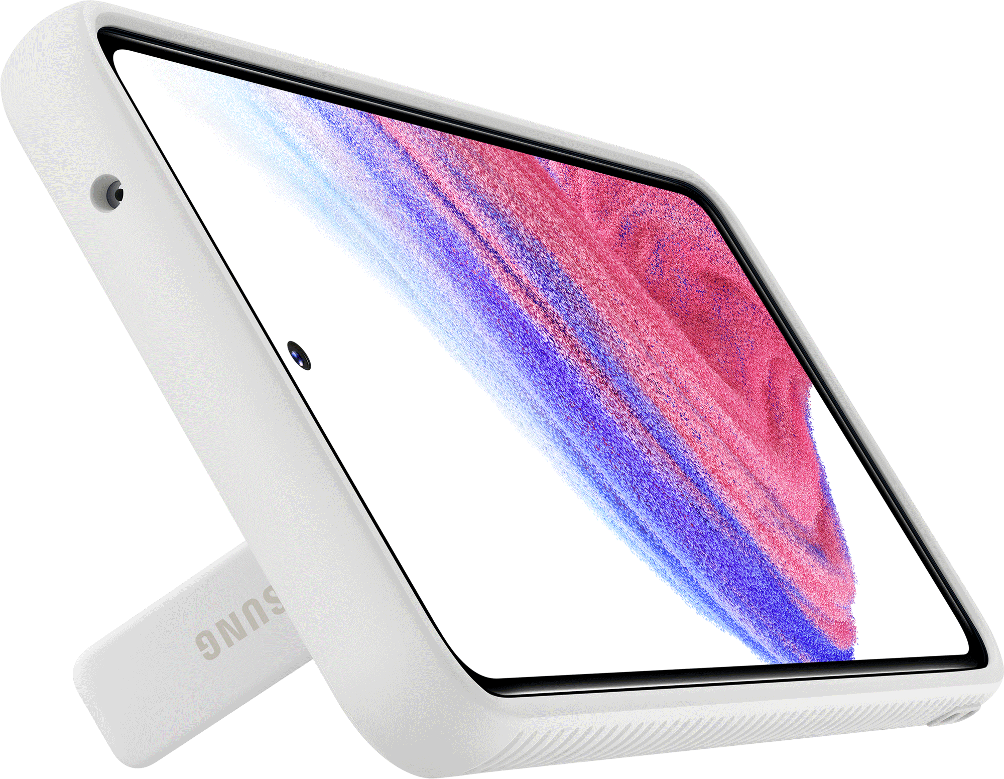 Una tableta blanca con una funda y un soporte, en ángulo, mostrando la pantalla con colores.