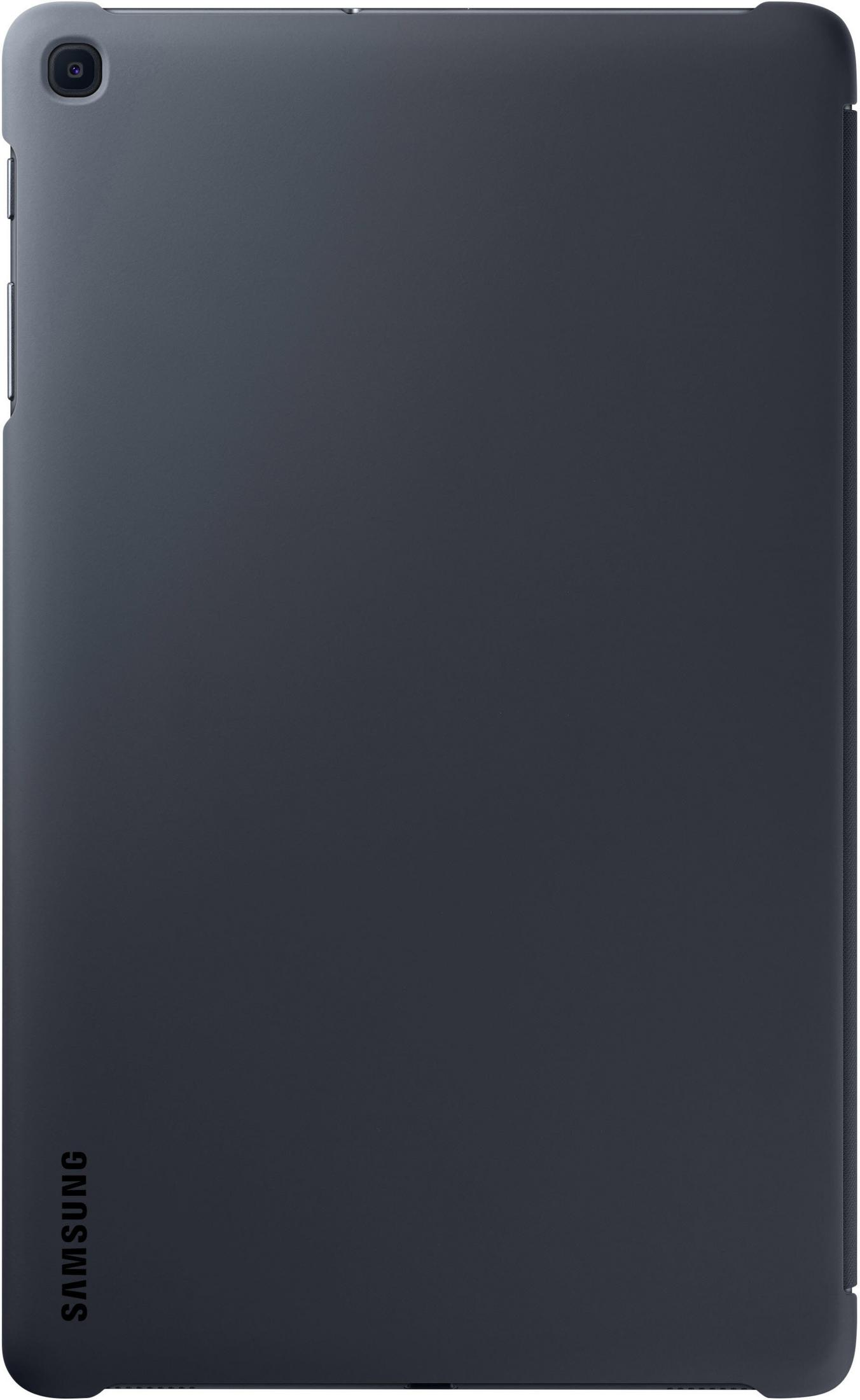 Parte trasera de una tableta gris oscuro con cámara en la parte superior y logo Samsung abajo.