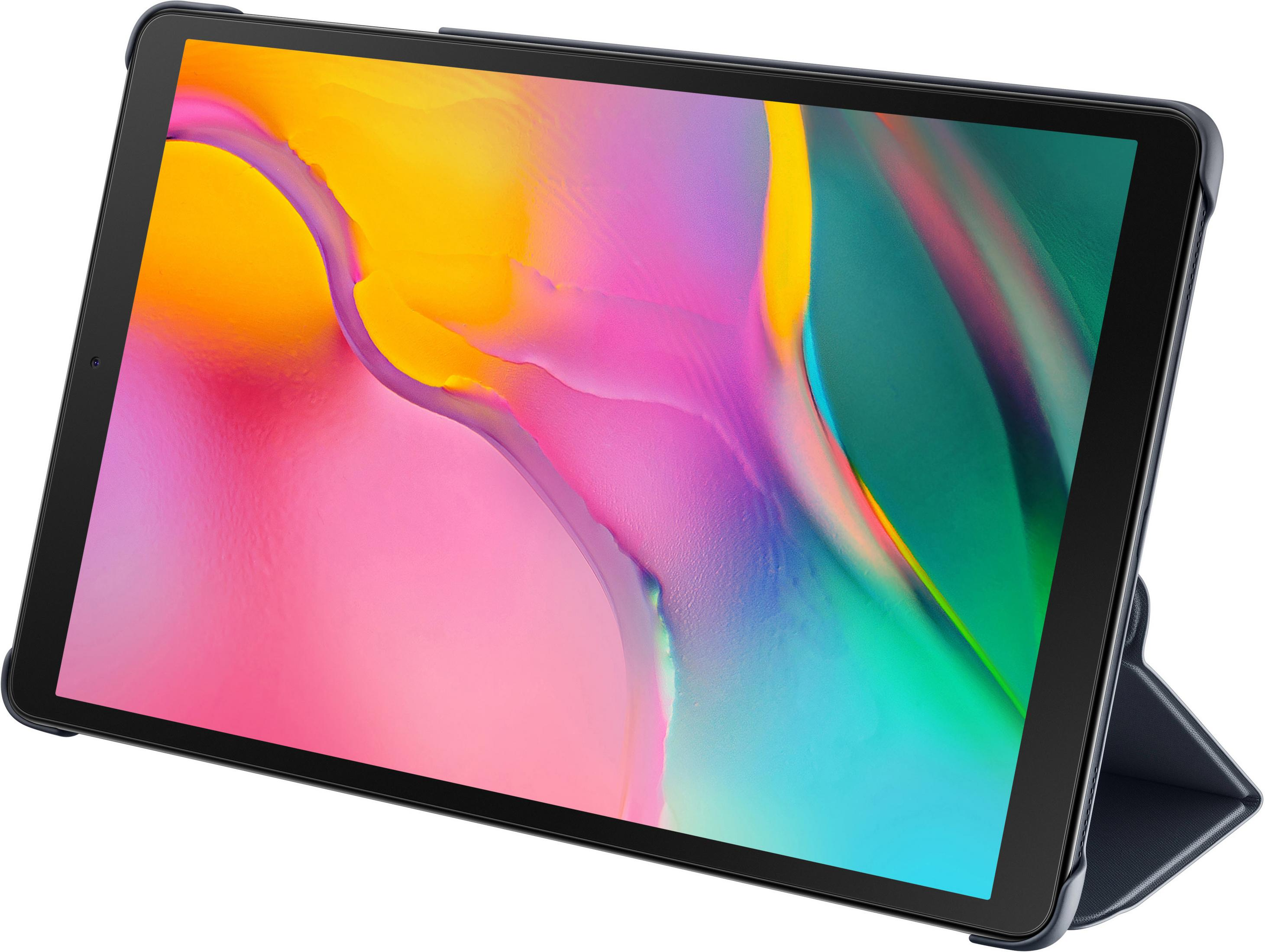 Una tableta en una funda protectora negra, colocada en ángulo mostrando la pantalla. La pantalla muestra colores.