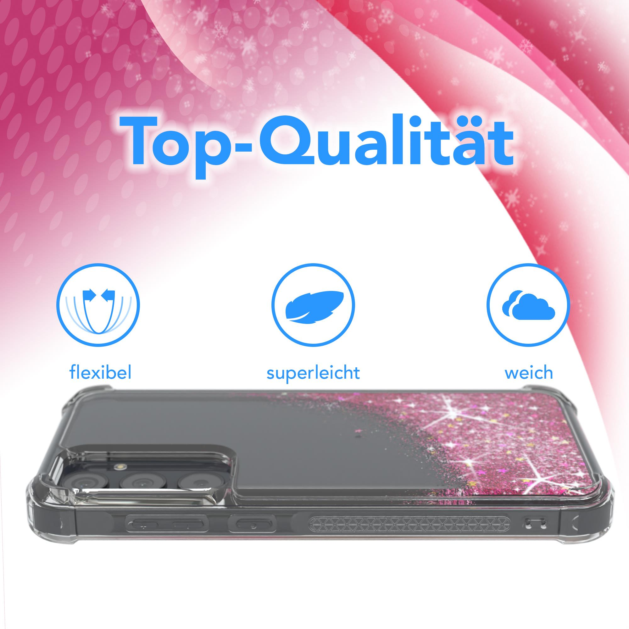 Eine Handyhülle mit einem rosa Glitzerdesign. Der Text lautet Top-Qualität und flexible, superleicht, weich.