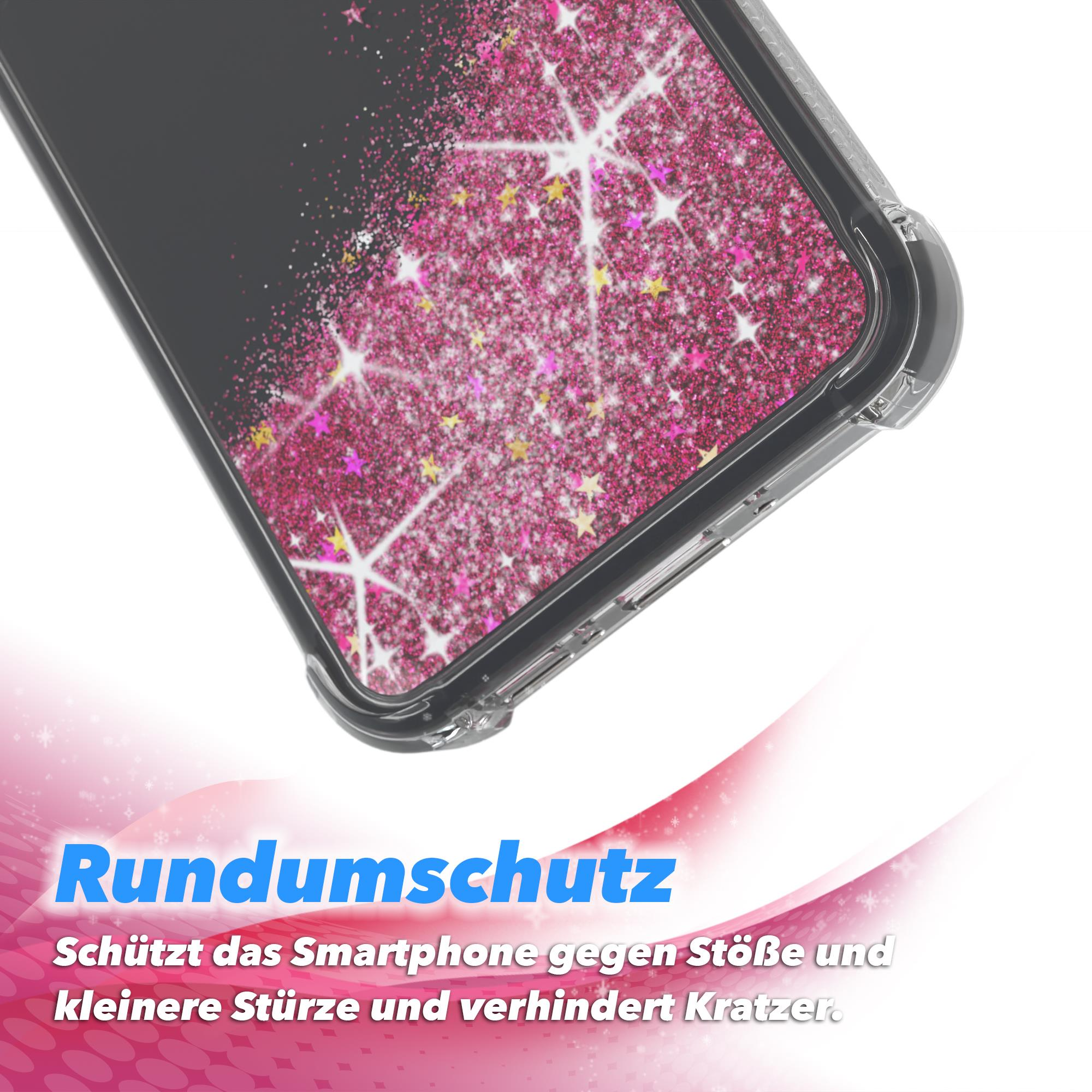 Nahaufnahme einer Handyhülle mit einem rosa Glitzerdesign. Die Hülle ist transparent.