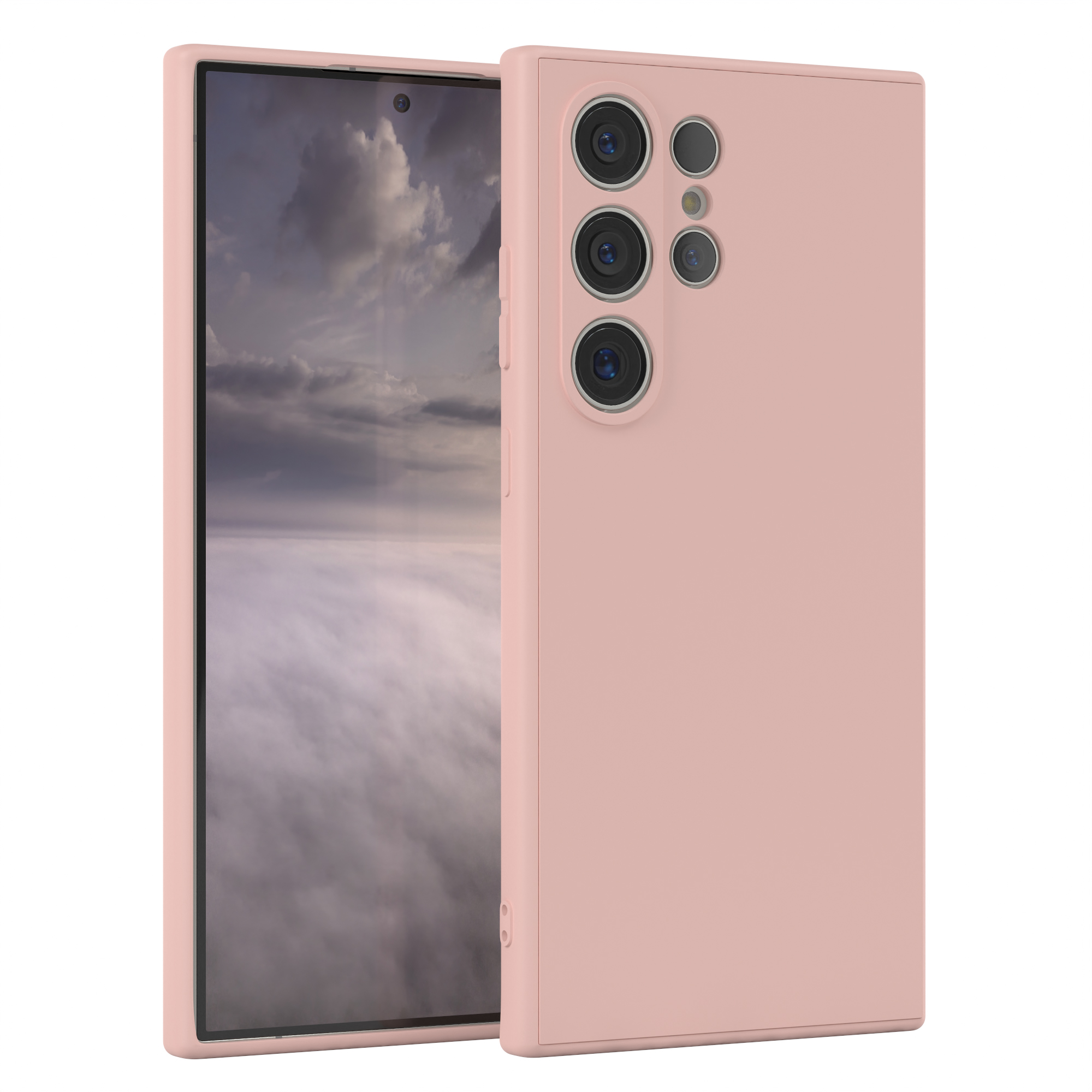 Rosa Handyhülle mit Telefon, bewölkter Hintergrund.