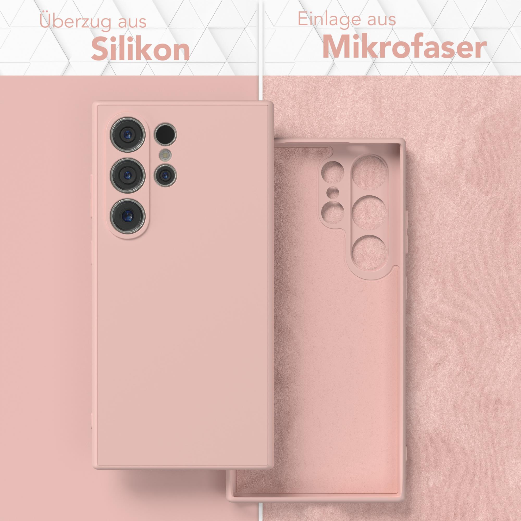 Rosa Handyhülle mit Handy, und die Hülle geöffnet, um die Innenseite zu zeigen.