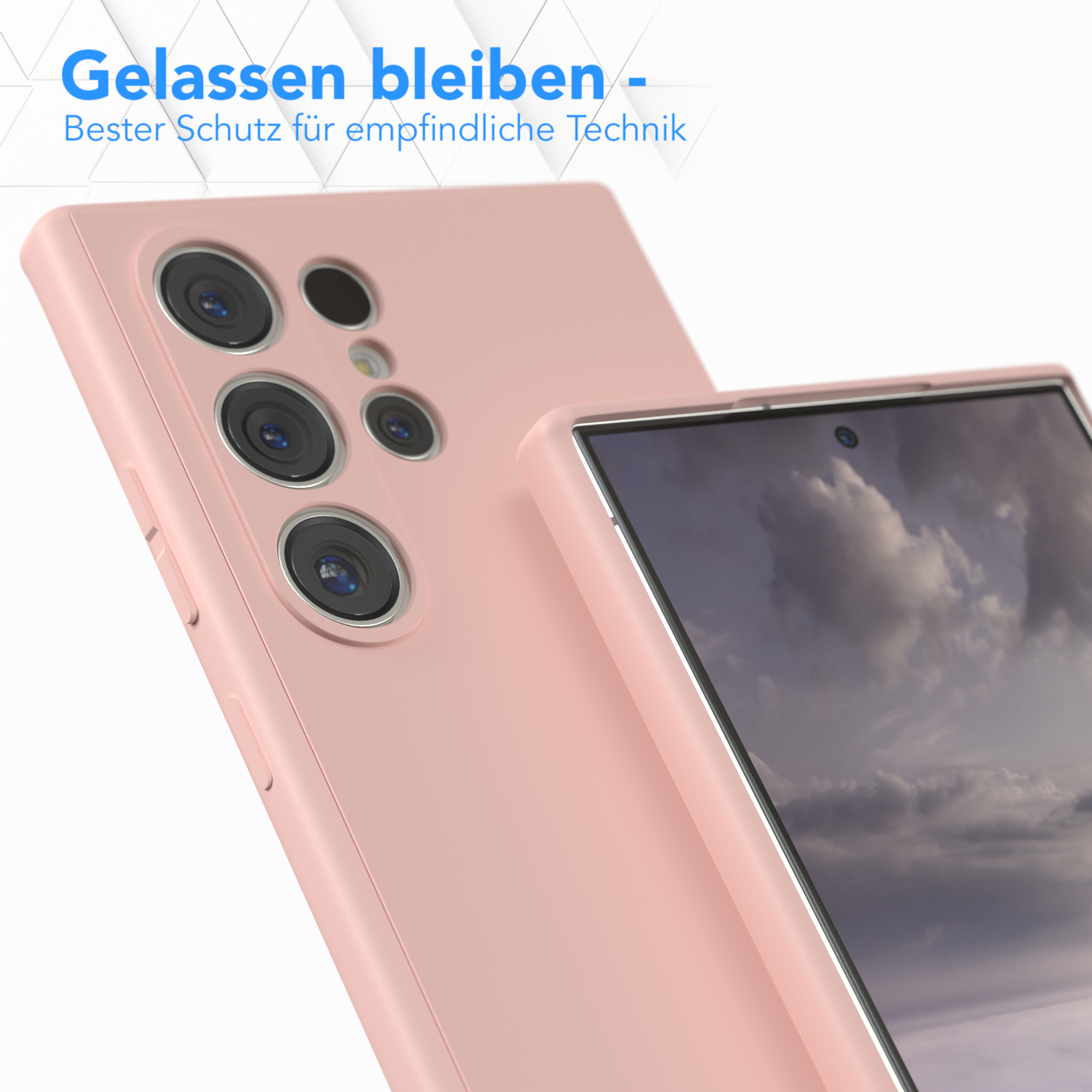 Nahaufnahme einer rosa Handyhülle mit Telefon, zeigt das Kamera-Layout.