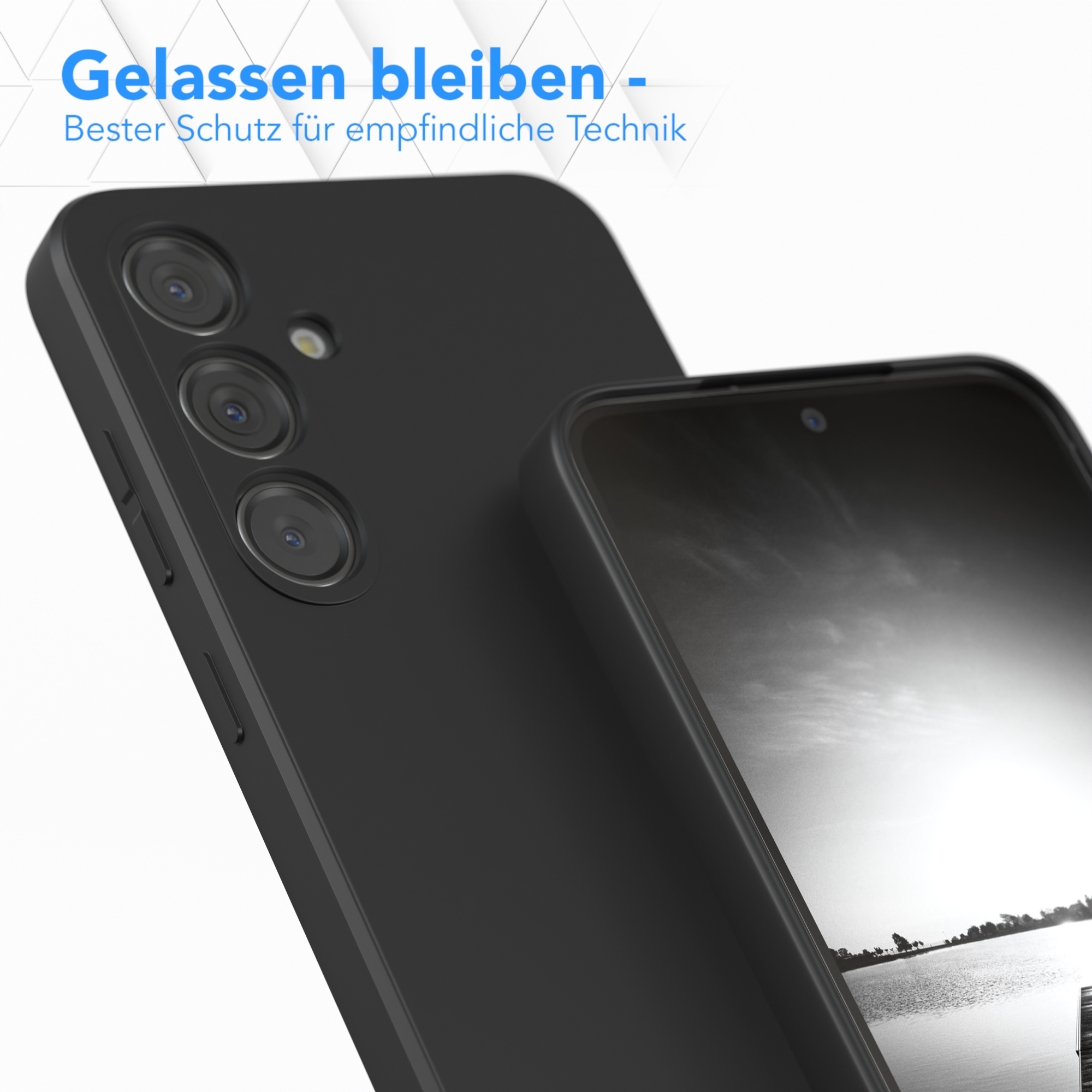 Schwarze Handyhülle mit drei Kameras. Text: 'Bester Schutz für empfindliche Technik.'