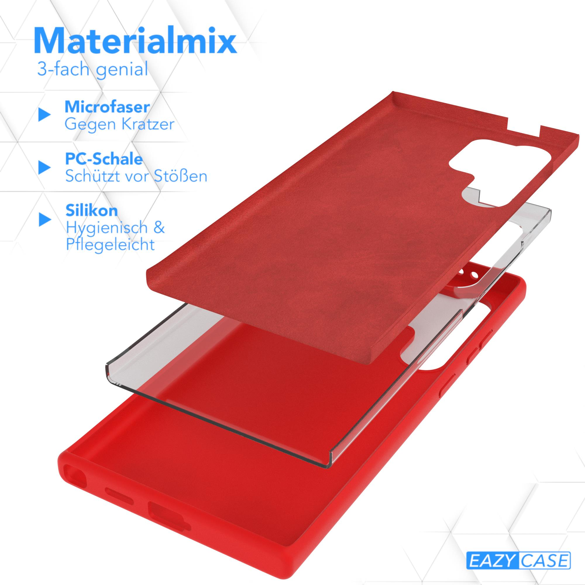 Rote Handyhülle in Schichten. Mikrofaser, PC-Schale und Silikon.