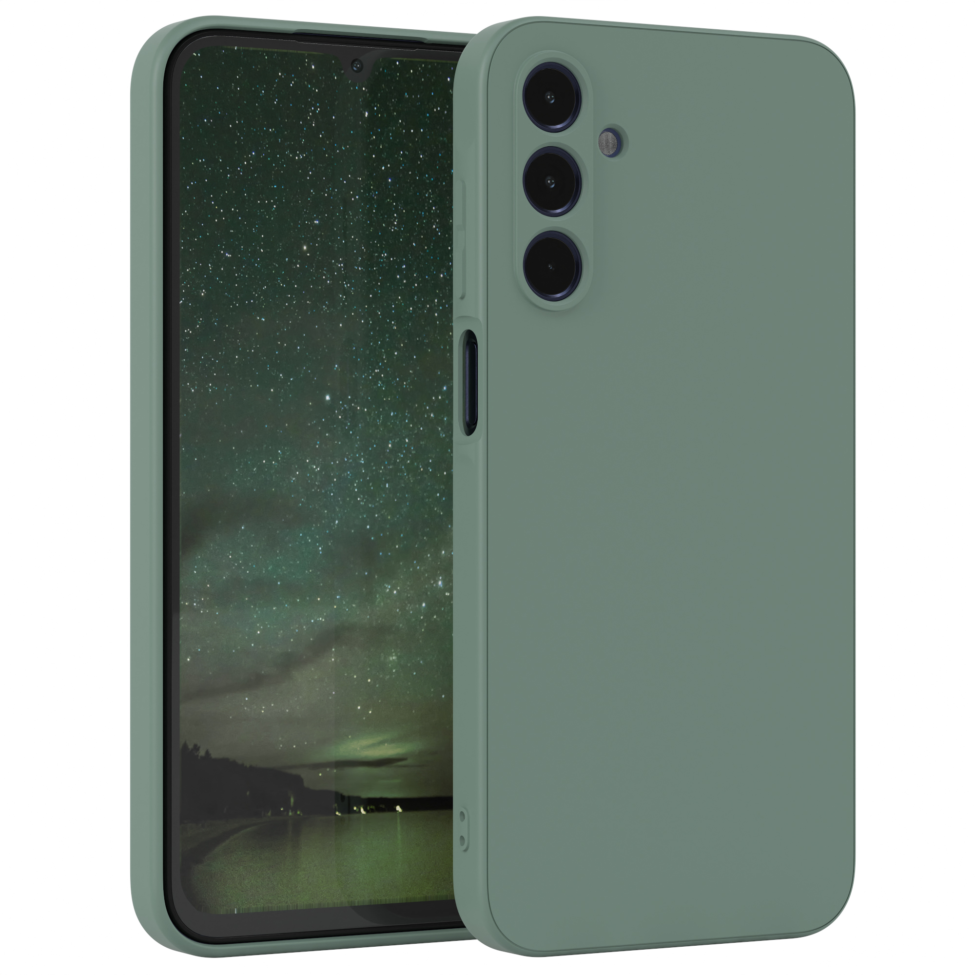 Eine grüne Handyhülle und ein Telefon mit einem Bildschirm, der eine Sternennacht zeigt. Weißer Hintergrund.