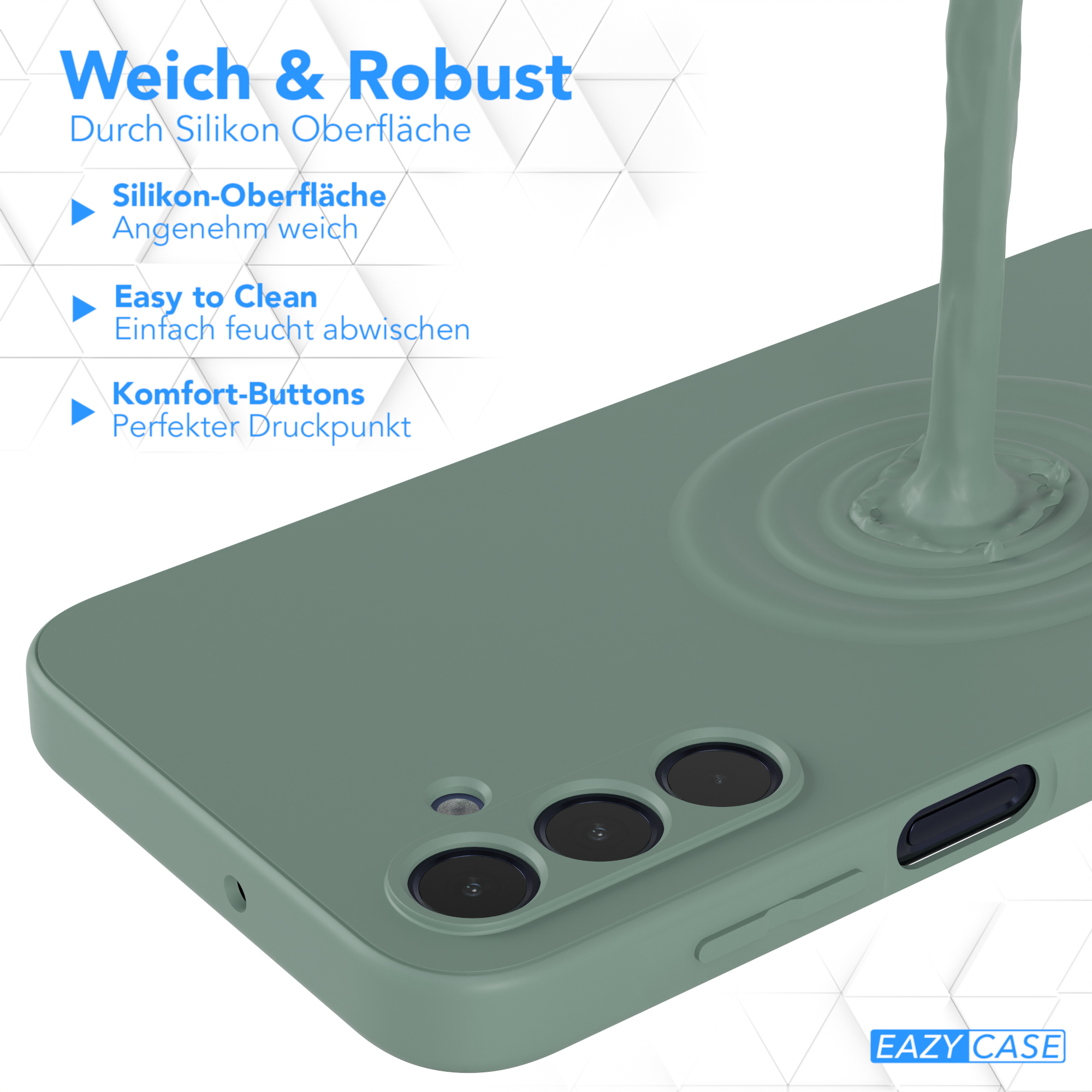 Eine grüne Handyhülle mit geschwungenem Design, der Text lautet 'Weich & Robust' und 'Eazy Case'.