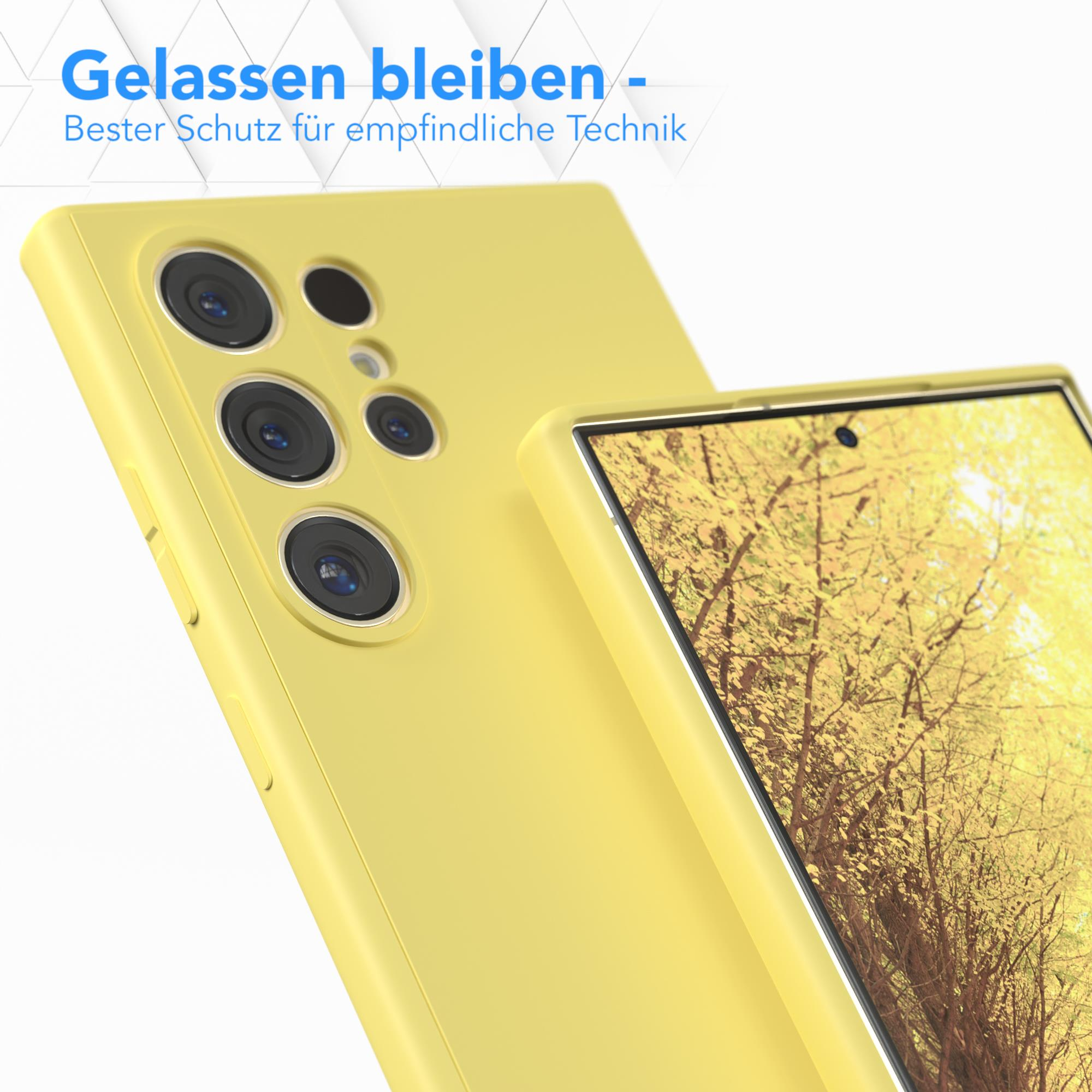 Gelbe Handyhülle. Text: Ruhig bleiben - Bester Schutz für empfindliche Technik.
