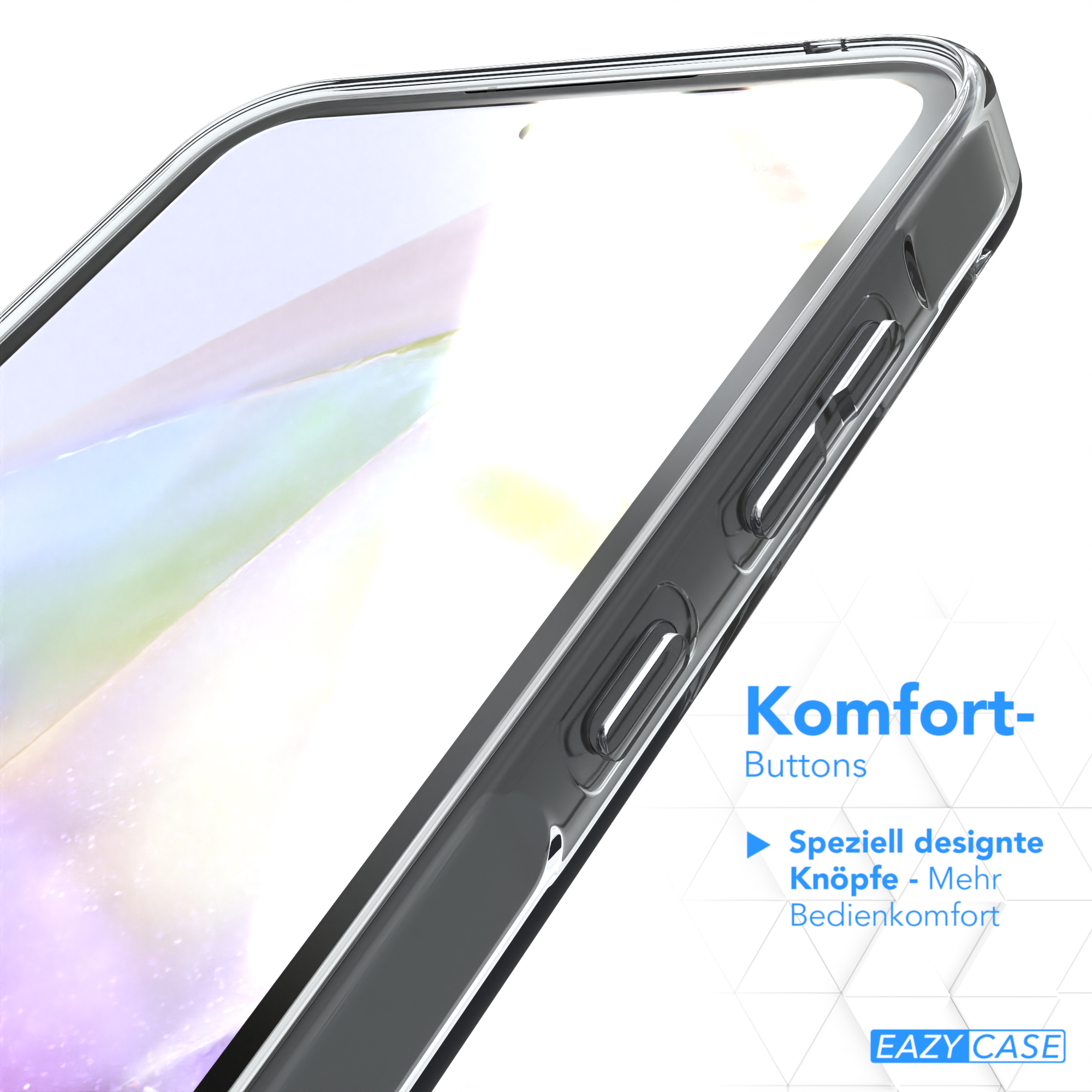 Eine transparente Handyhülle mit Knöpfen und Designelementen. Es hebt die Komfort-Buttons hervor.