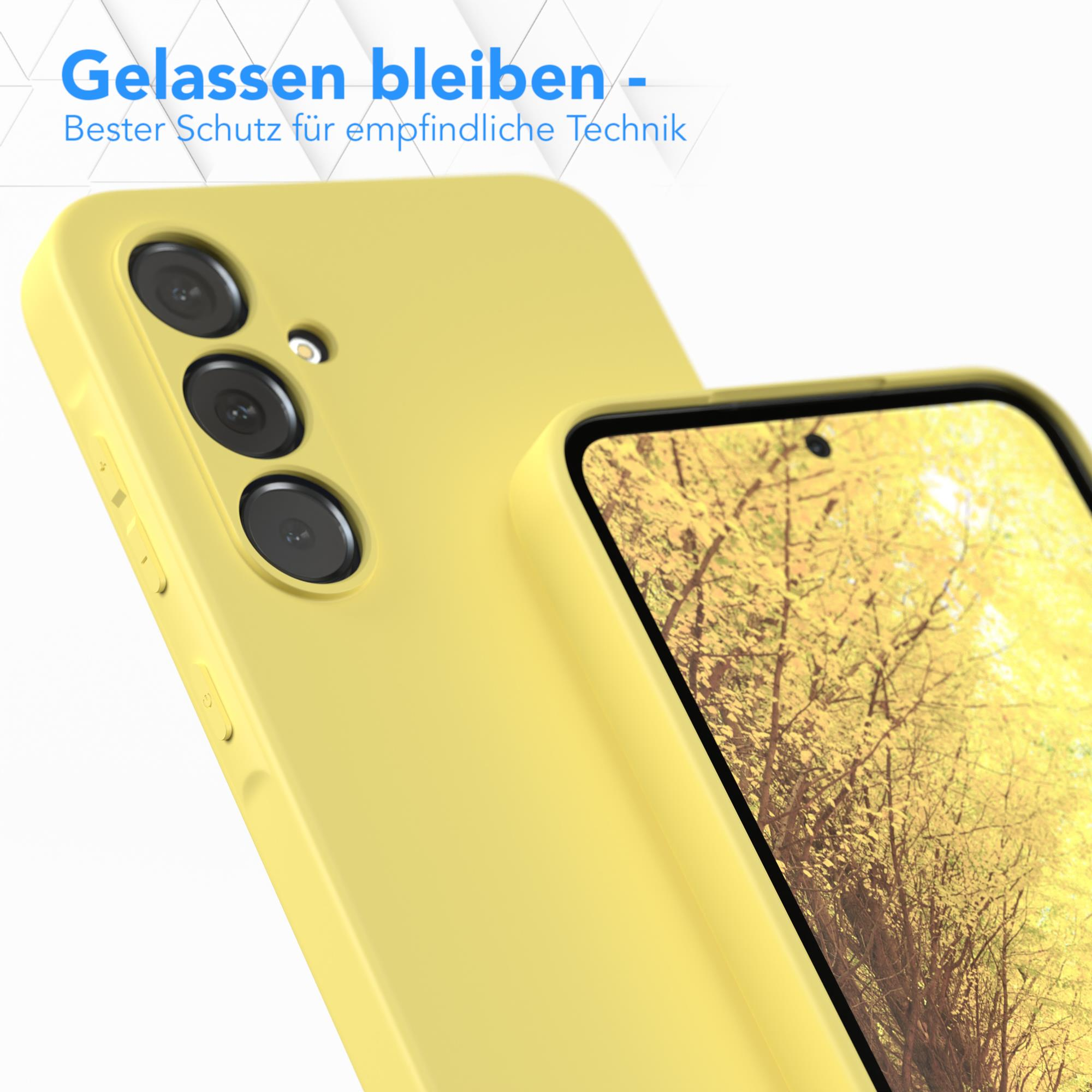 Gelbe Handyhülle mit Dreifachkamera und Handy-Display.