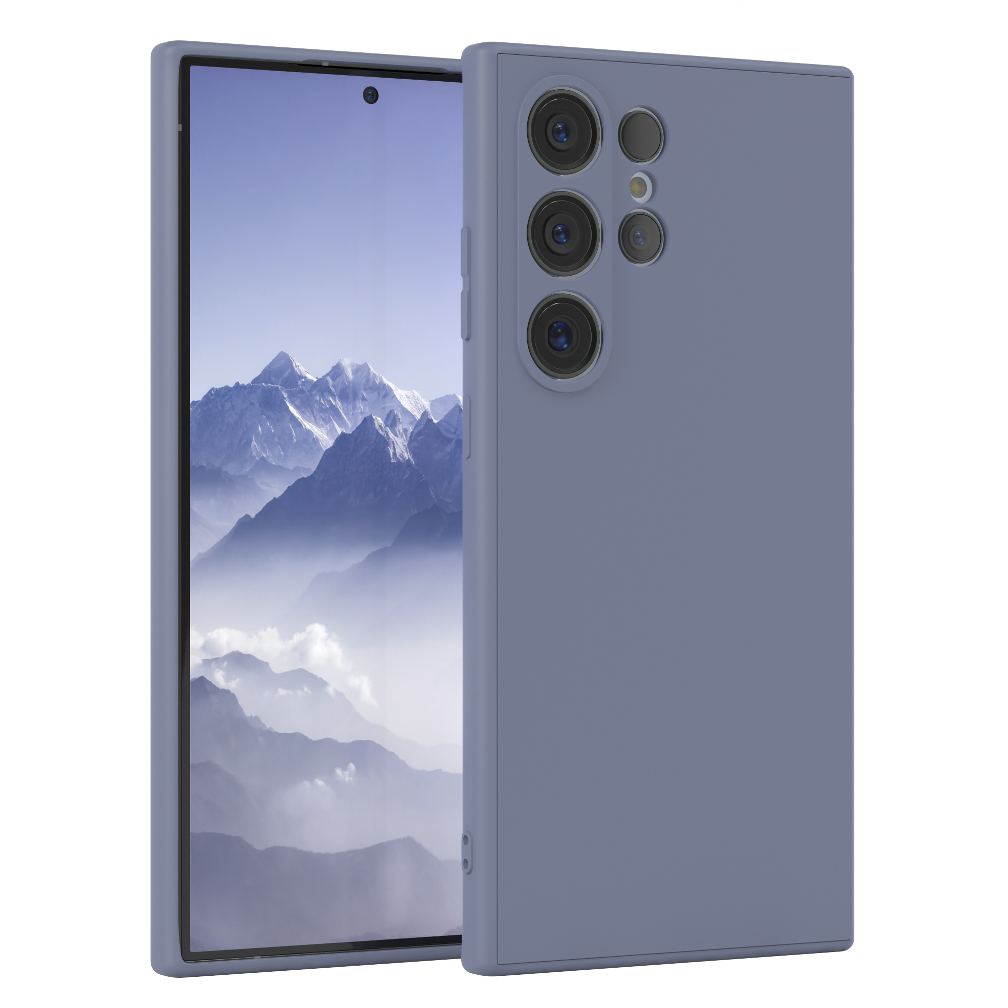 Blaues Telefon in einer blauen Hülle. Das Telefon hat drei Kameras. Die Hülle ist am Telefon.